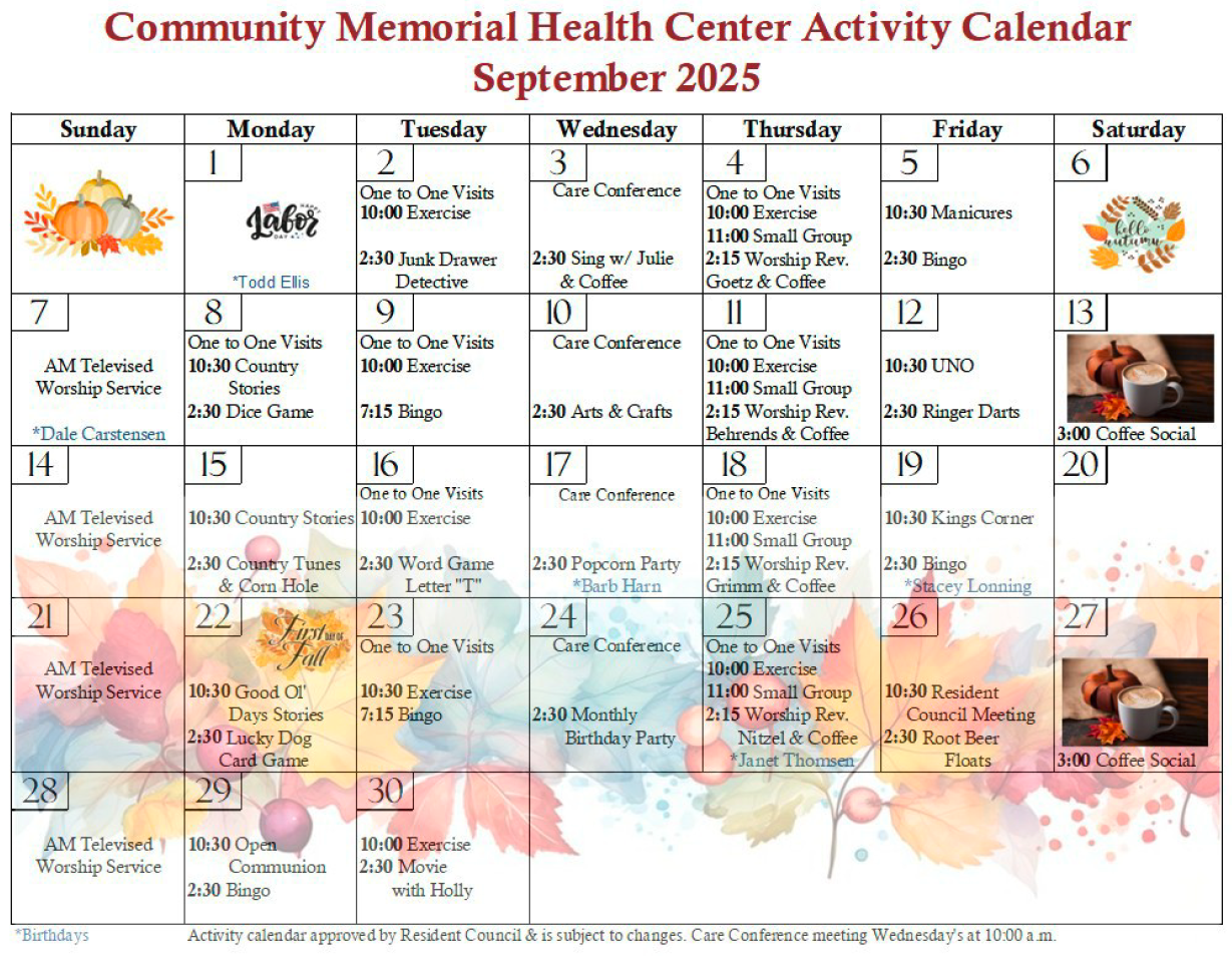 Health Center September calendar