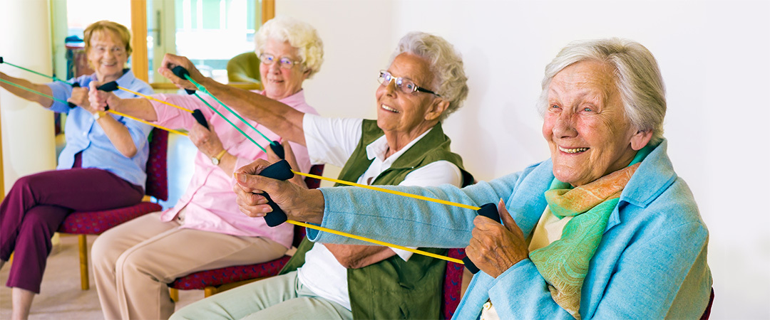 A group of seniors in a row sitting in chairs exercising with resistance bands. A group of seniors in a row sitting in chairs exercising with resistance bands.