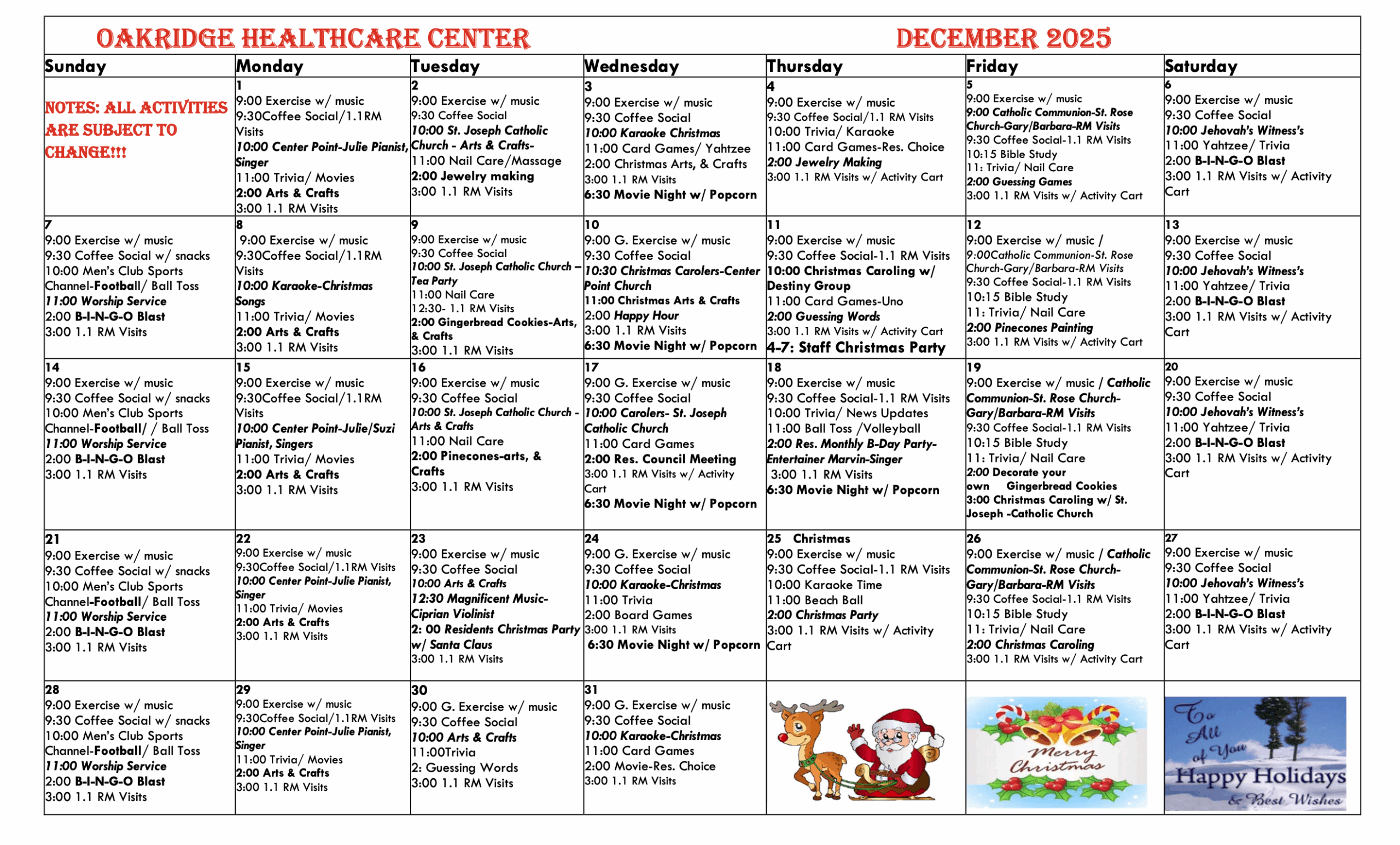 Oakridge December Activity Calendar