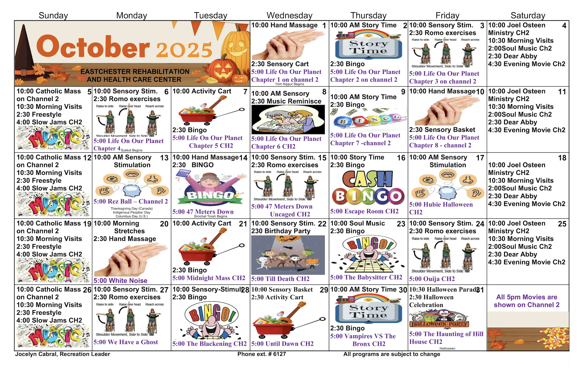 Floor two October Activity Calendar