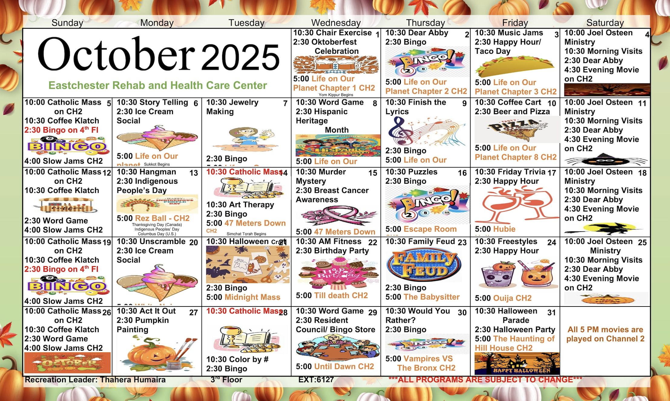 Floor Three October Activity Calendar