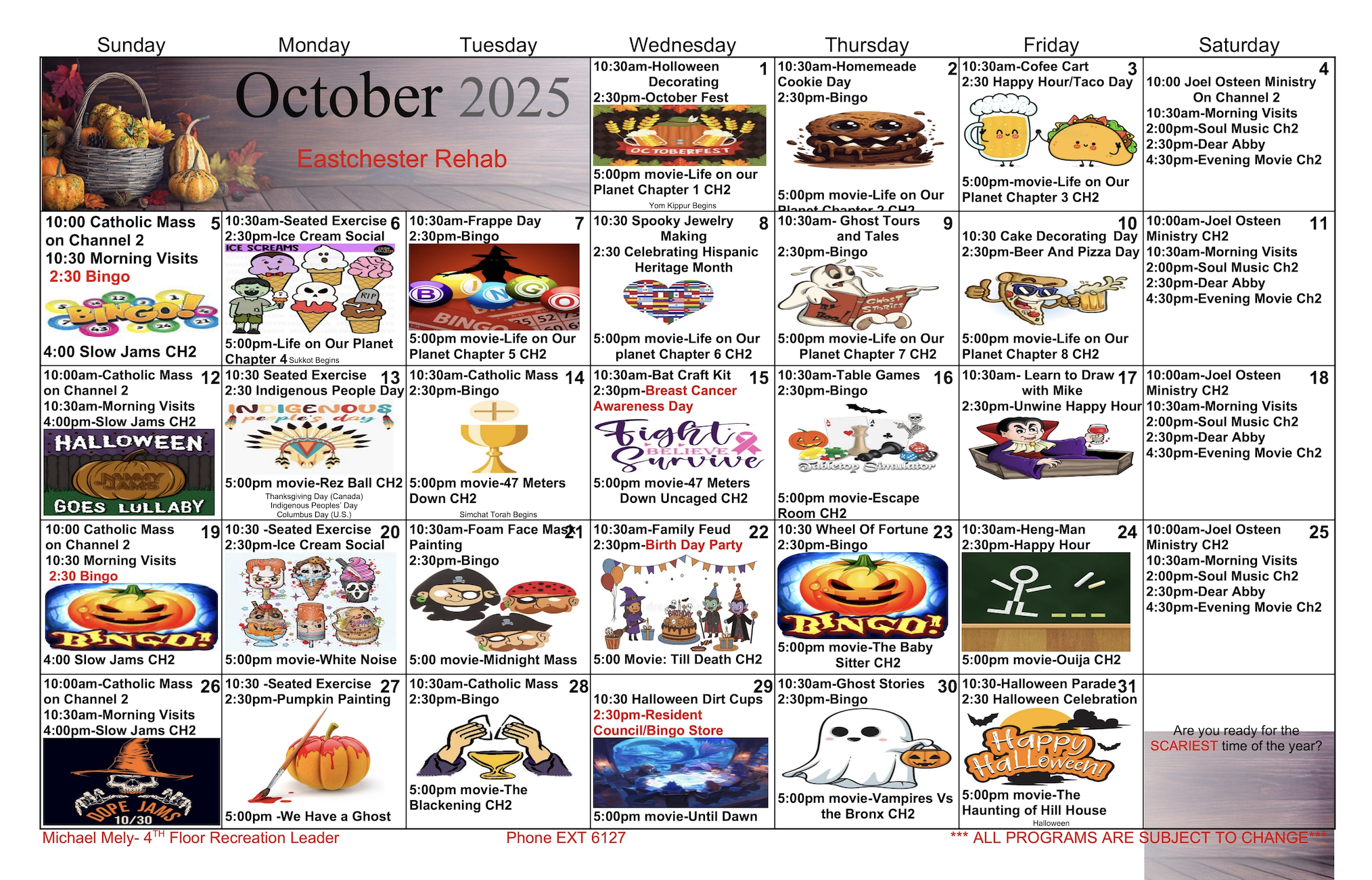 Floor Four October Activity Calendar