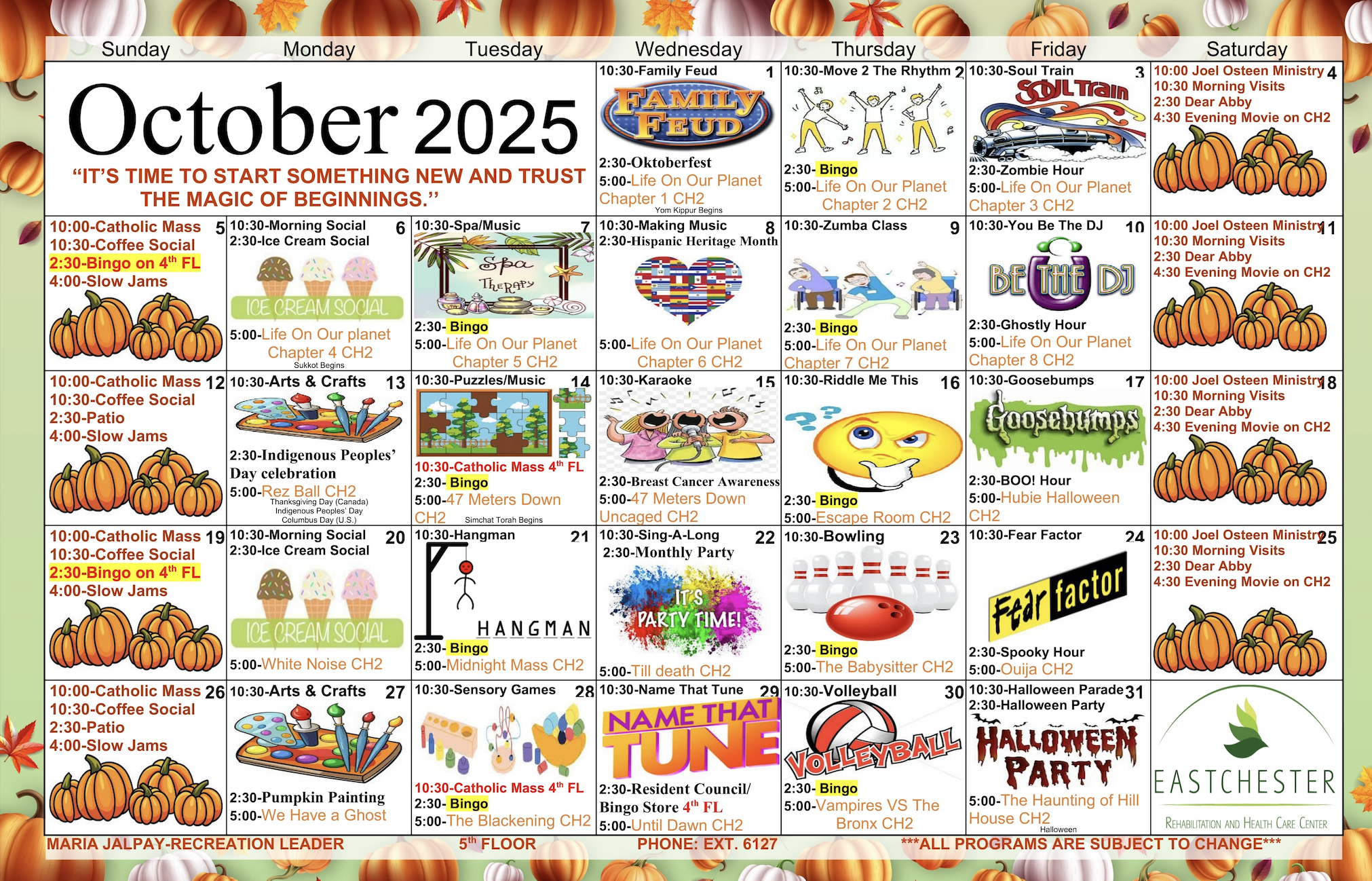 Floor five October Activity Calendar