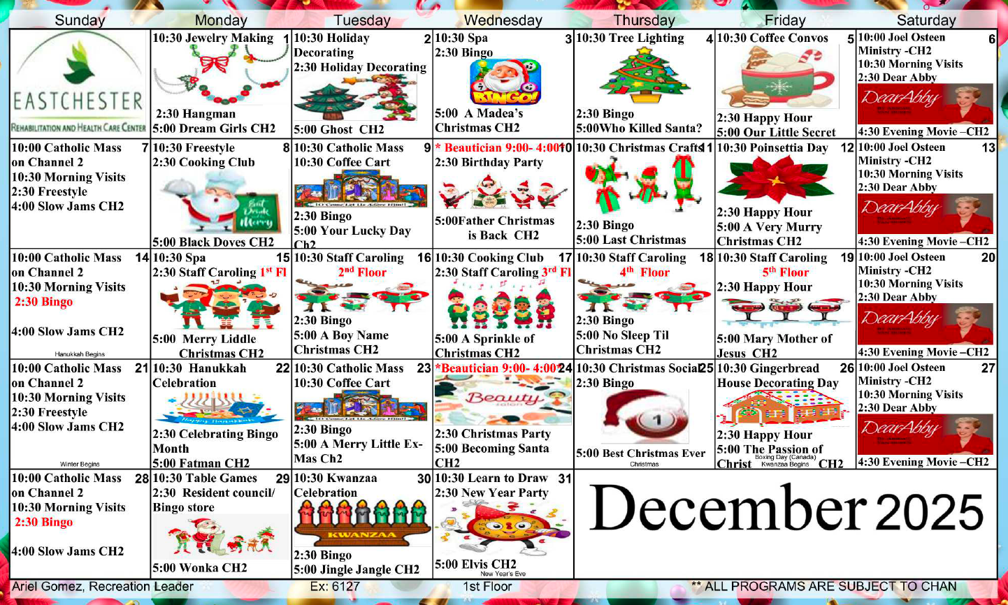 Eastchester 1st floor calendar