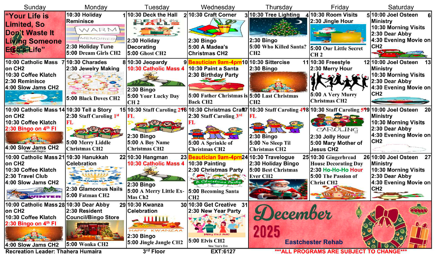 Eastchester 3rd floor calendar