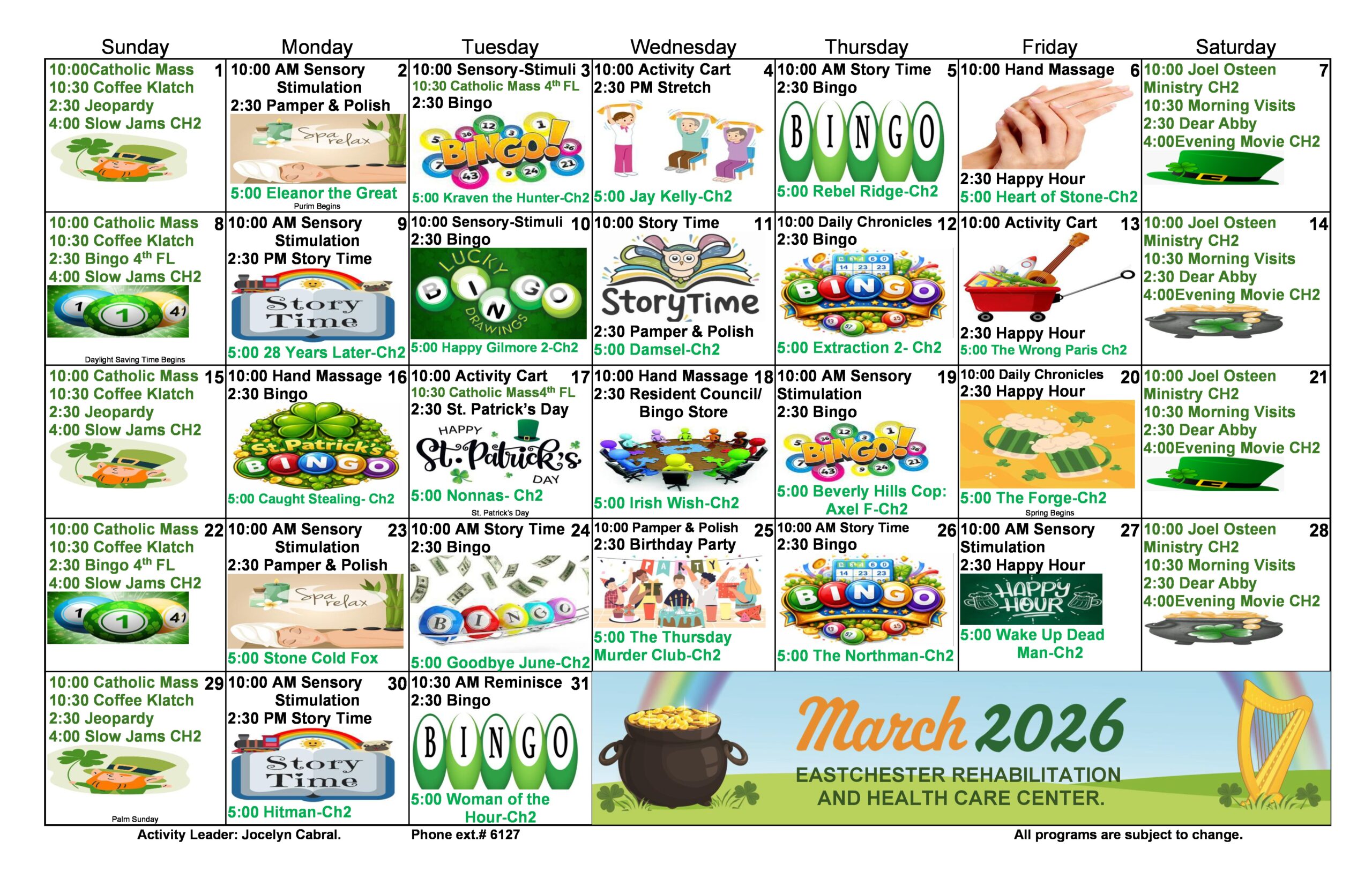 Eastchester Rehab March Activity Calendar Floor 2