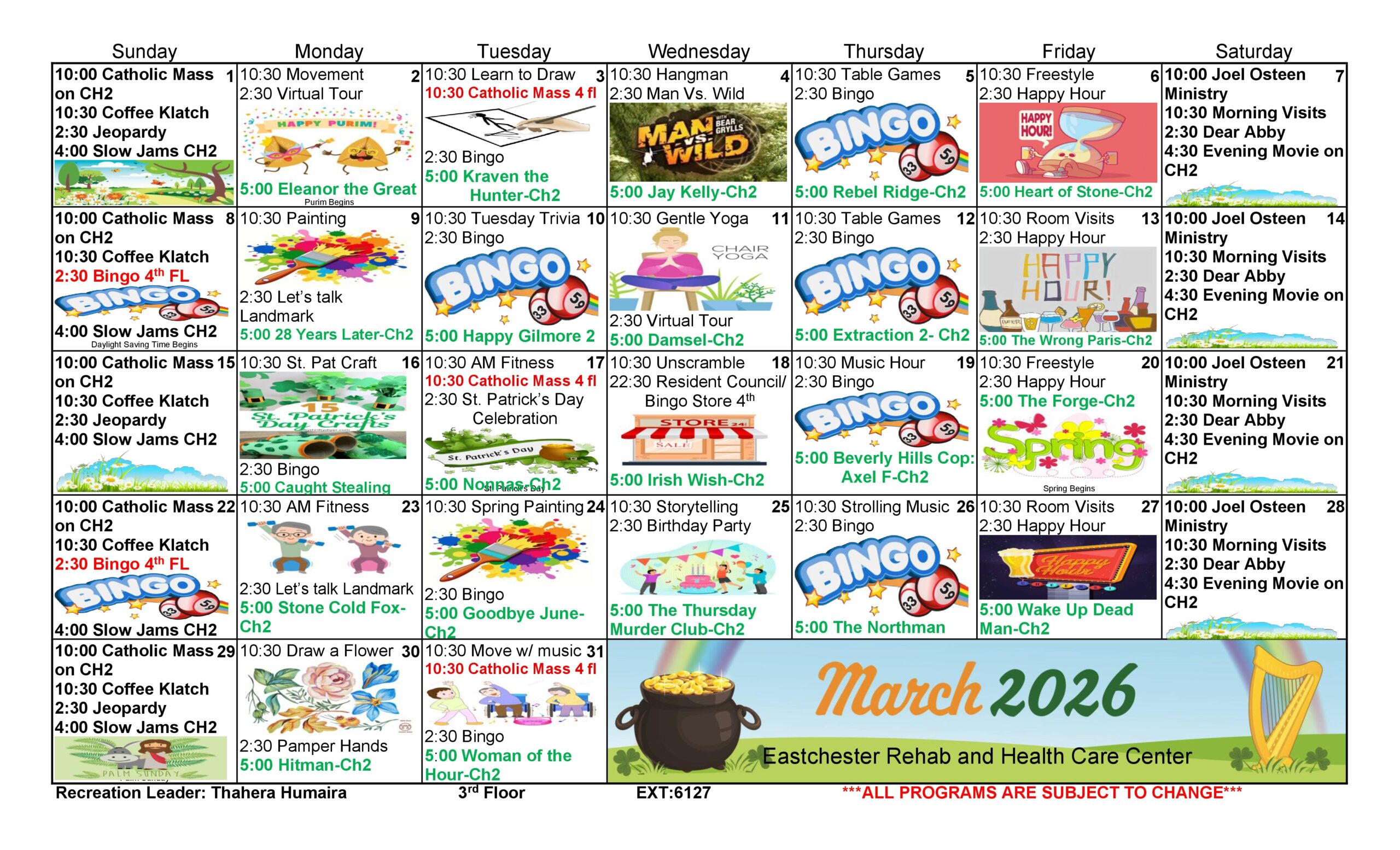 Eastchester Rehab March Activity Calendar Floor 3