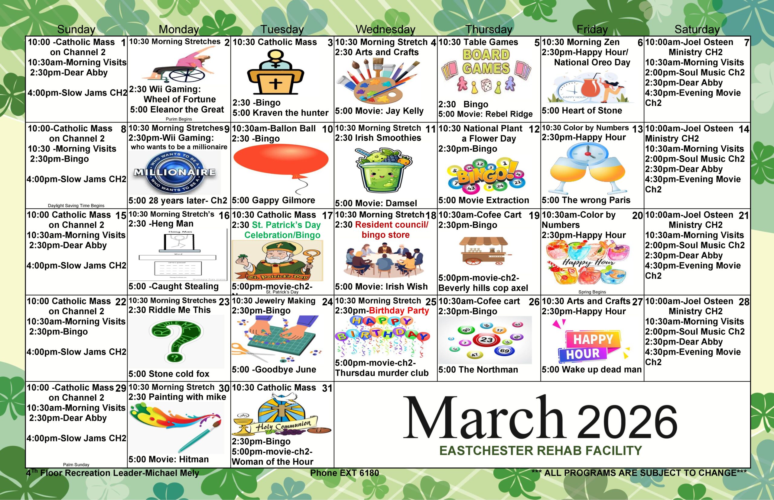 Eastchester Rehab March Activity Calendar Floor 4
