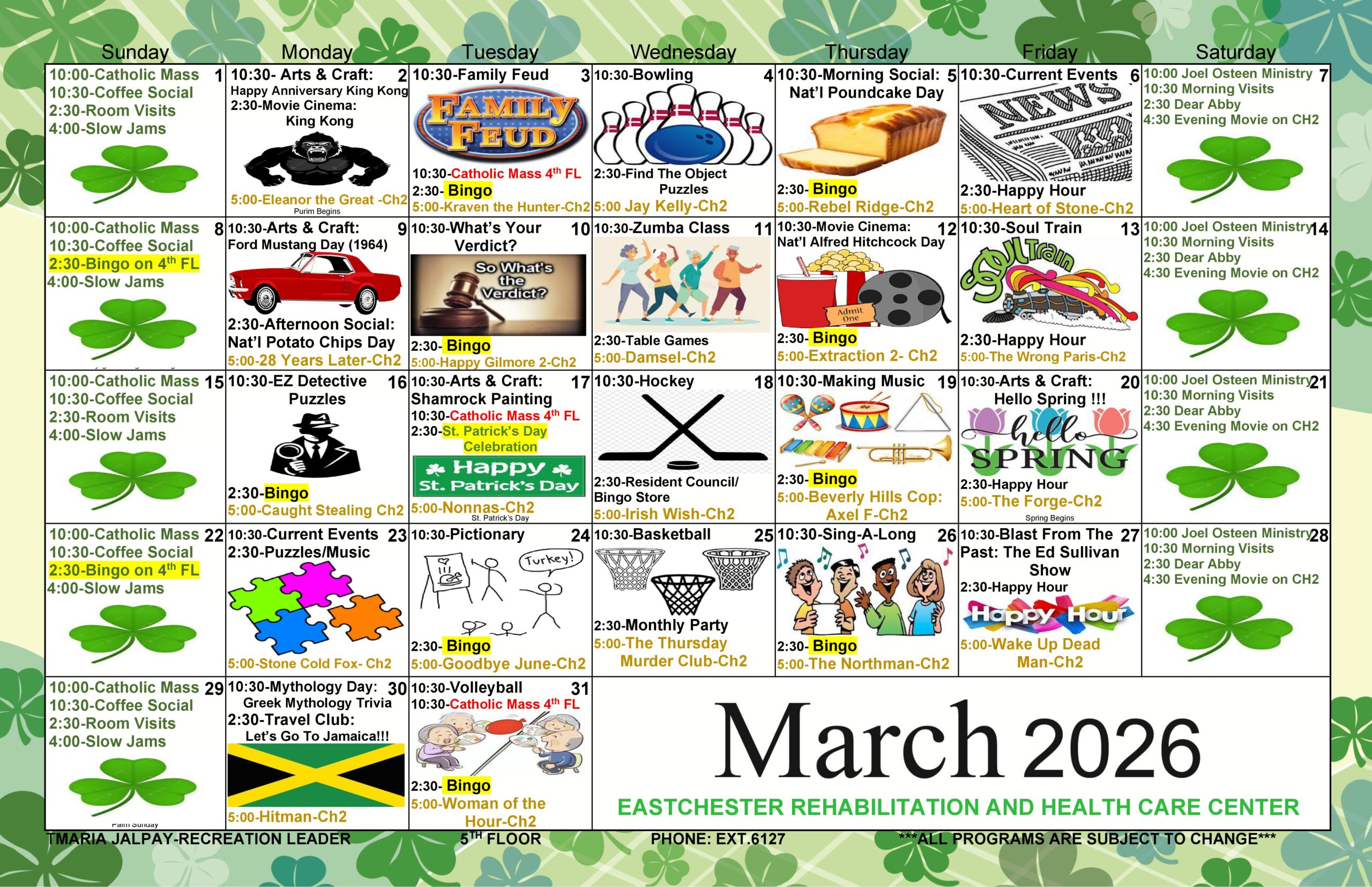 Eastchester Rehab March Activity Calendar Floor 5