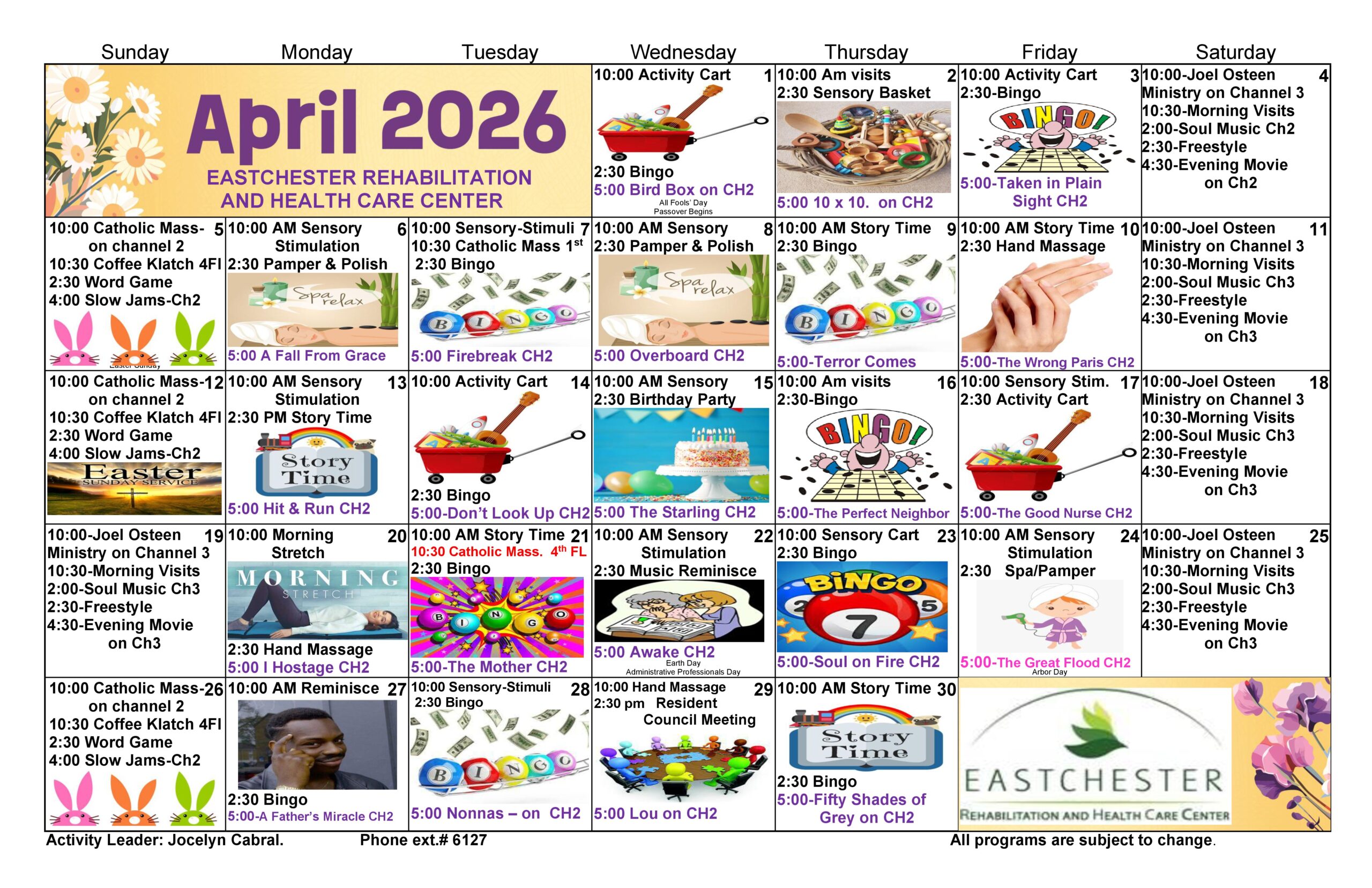 April 2026 Eastechester Activity Floor 2 Calendar