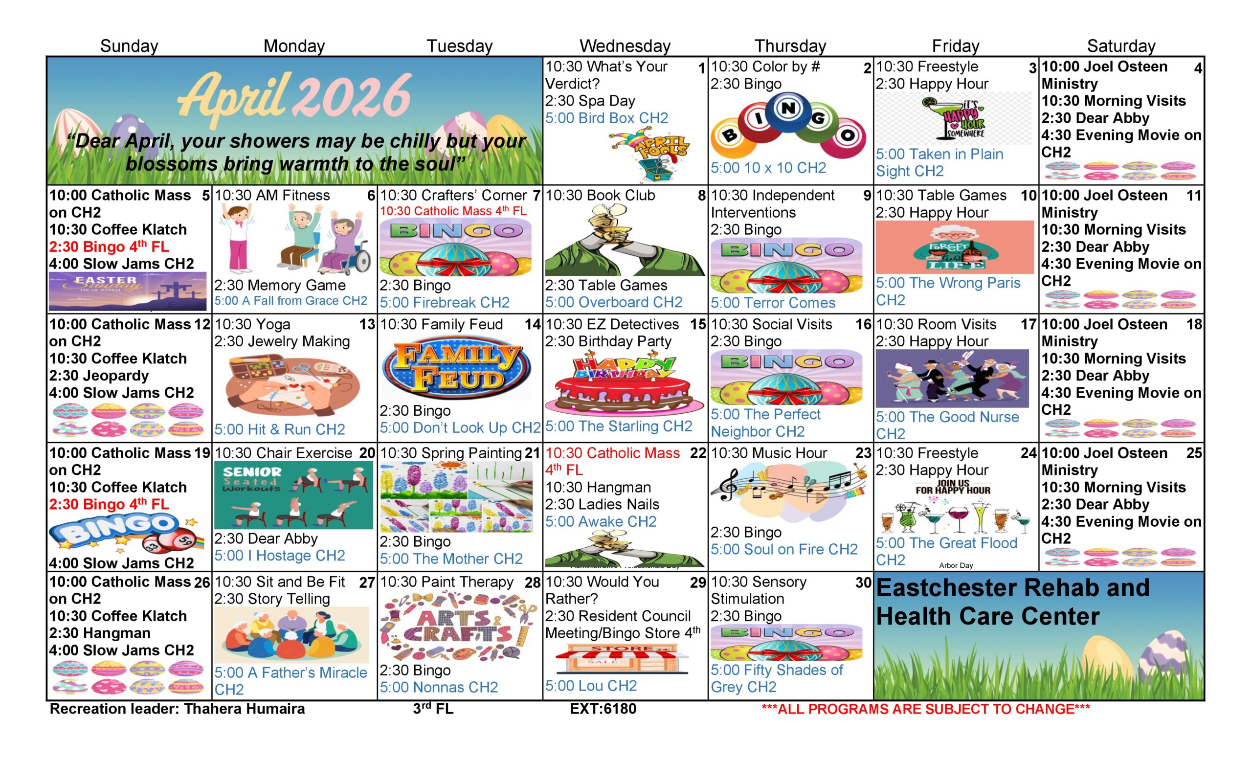 April 2026 Eastchester Floor 3 Activity Calendar