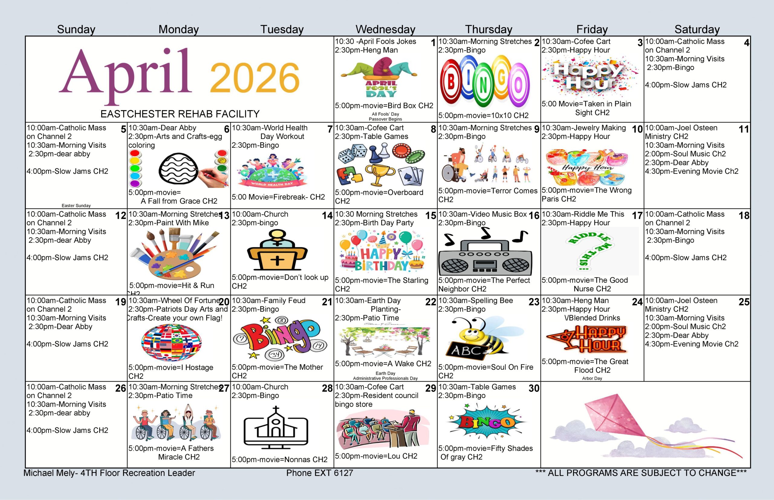 April 2026 Eastchester Floor 4 Activity Calendar