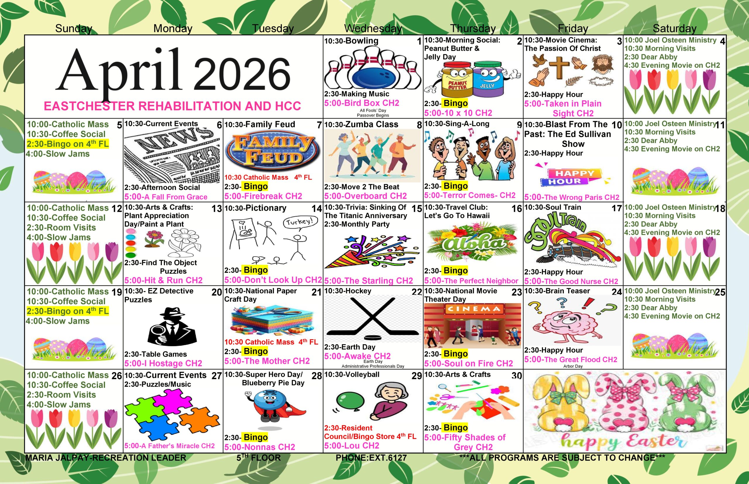 April 2026 Eastchester Floor 5 Activity Calendar