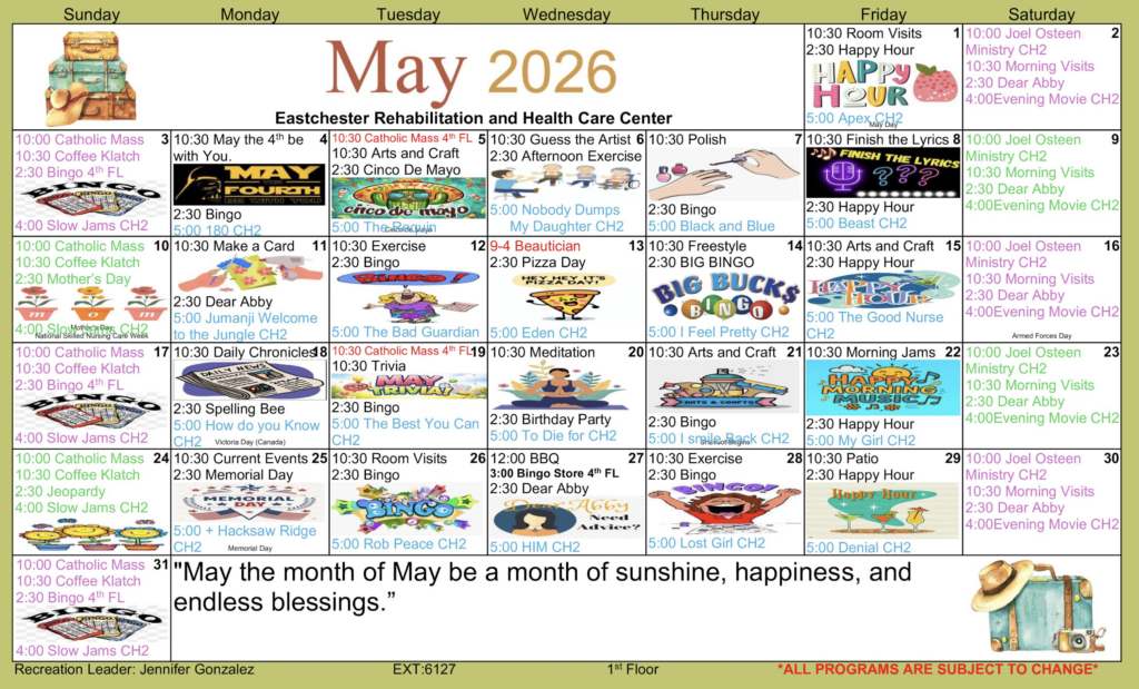 May calendar for Eastchester