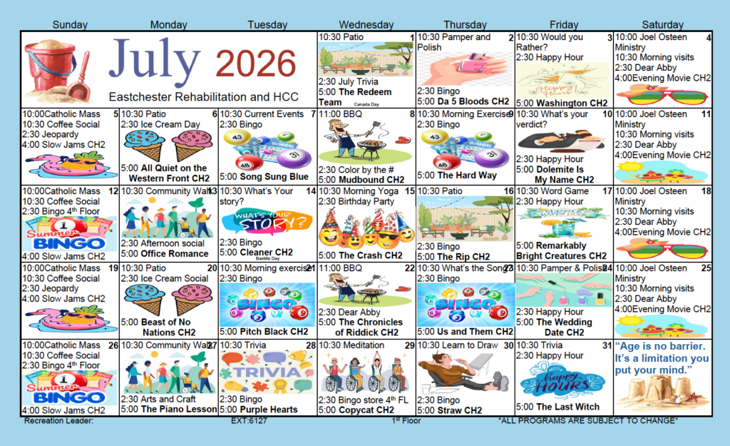 July 2026 activity calendars for Eastchester's 5 levels of care