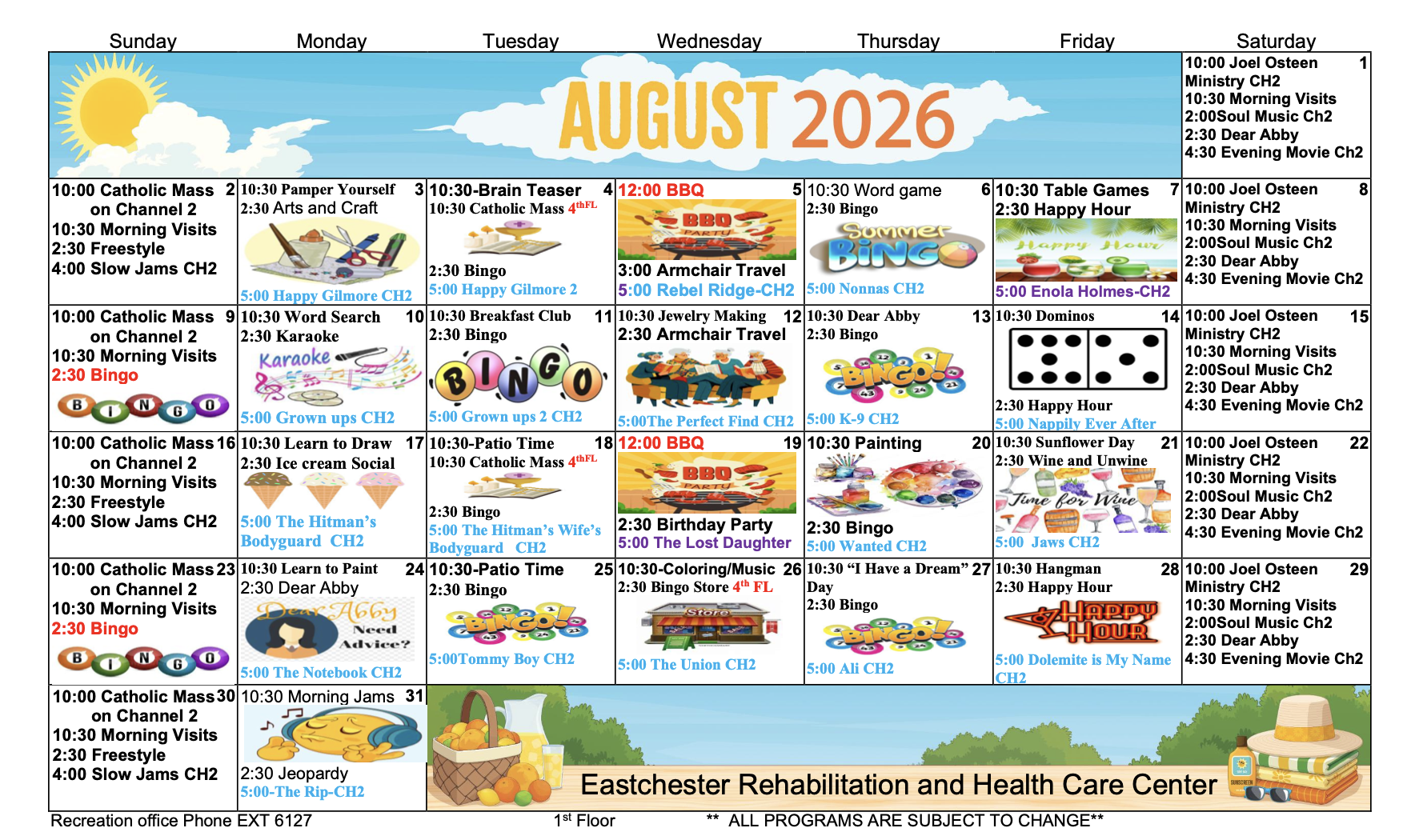 Eastchester August Floor 1 Activity Calendar