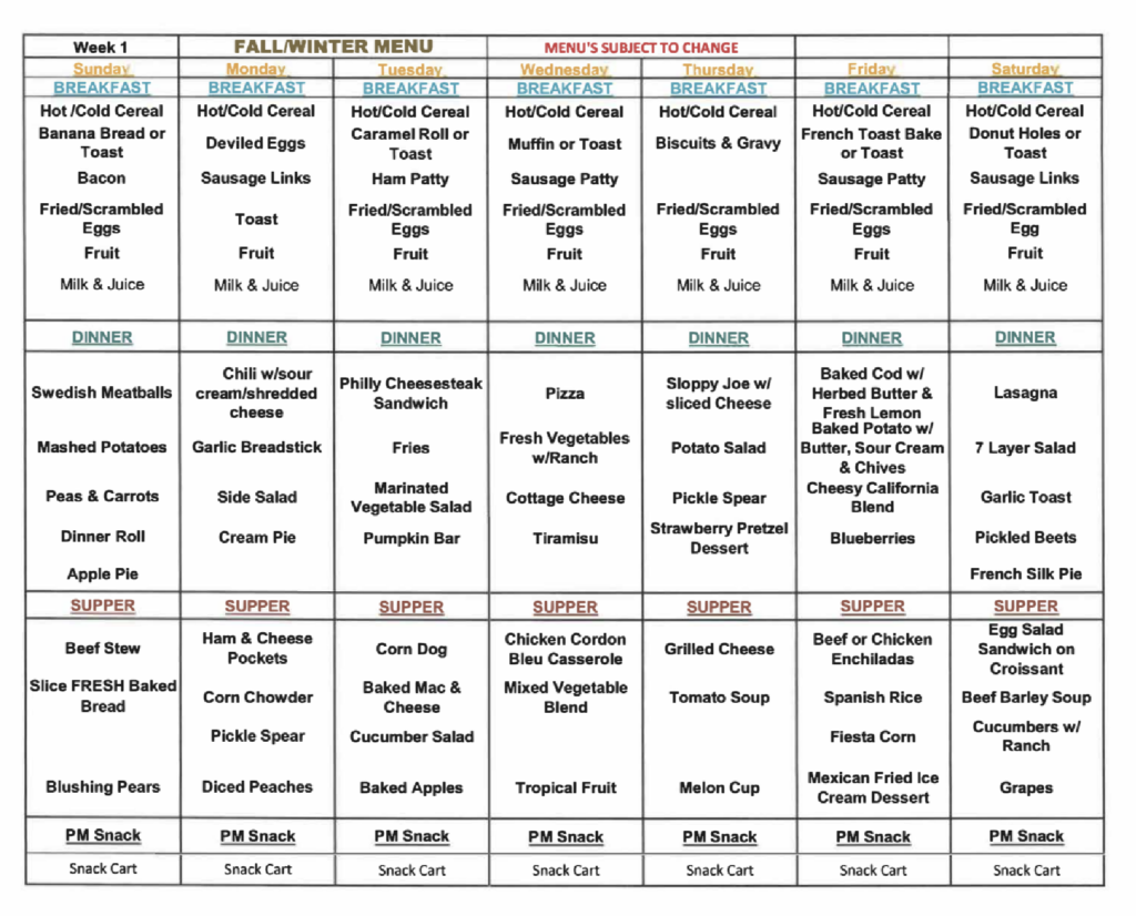 Fall and Winter week one menu for Elm Crest Manor
