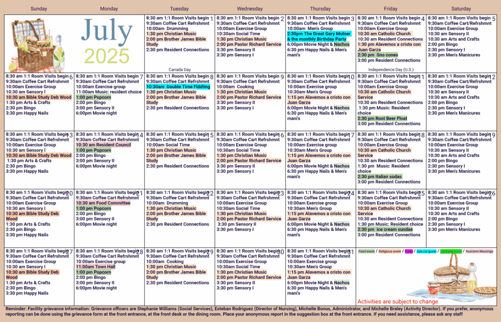 Emerald Care July Calendar
