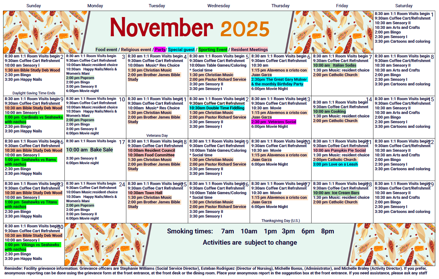 Emerald Care November activity calendar