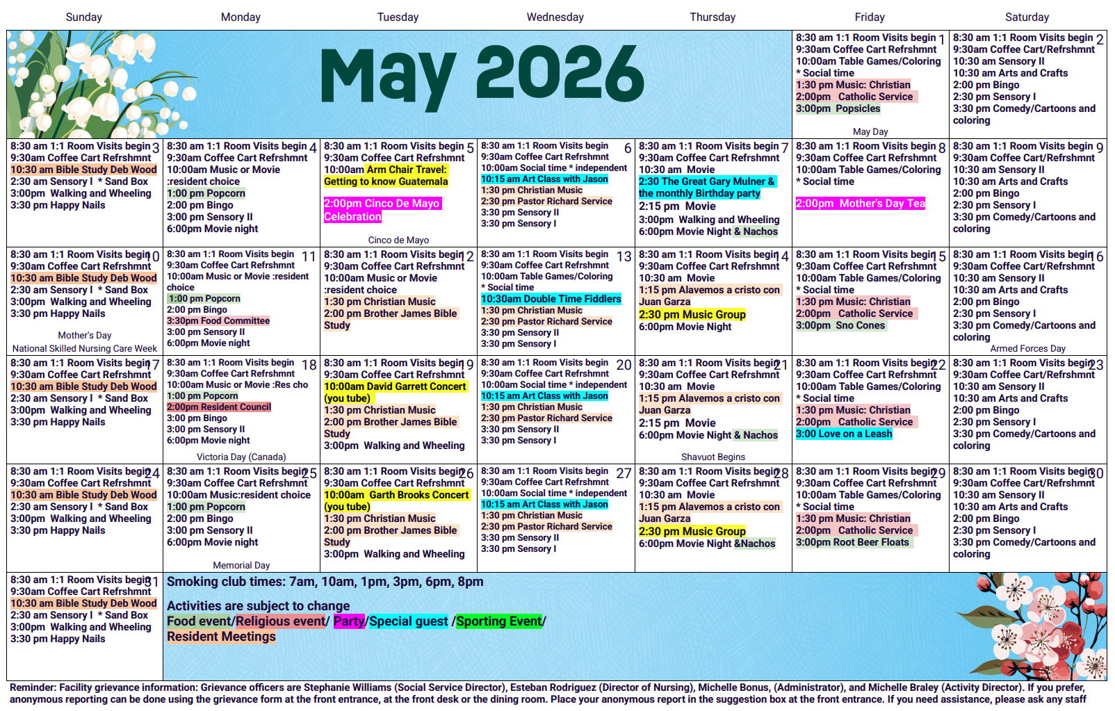 Emerald Care May activity calendar