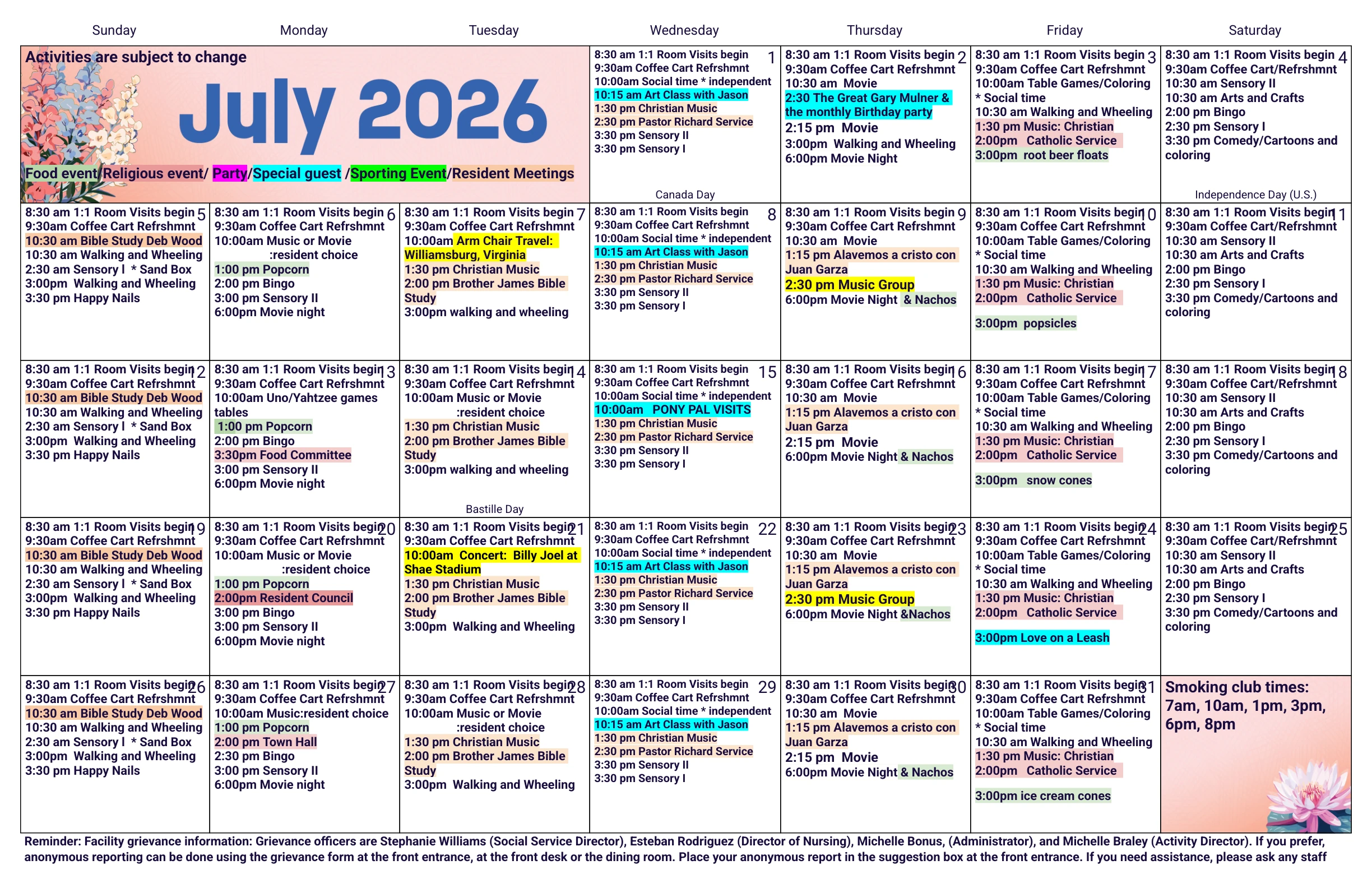 July 2026 Emerald Care Activities. Activities are subject to change.