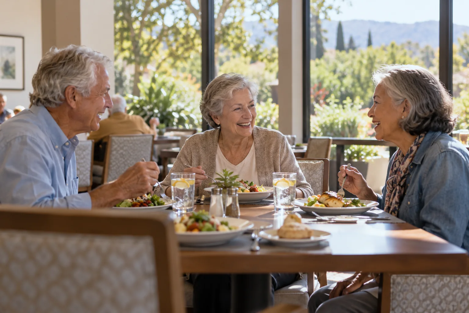 Three older adults sharing lunch in a sunlit dining room, illustrating a feature to compare in senior apartments in Roseville
