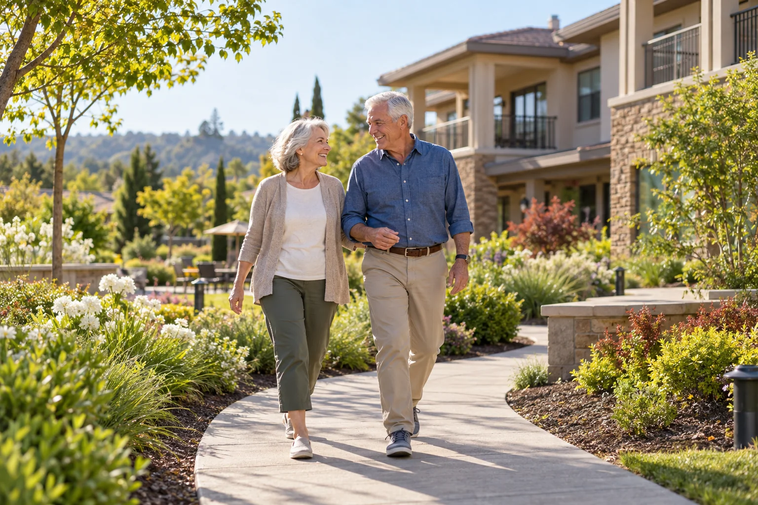 Older couple walking together on a landscaped path outside a residential community