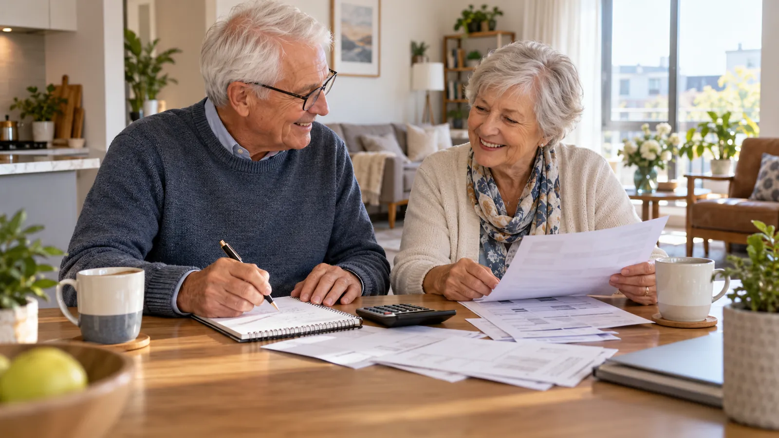 Smiling senior couple reviewing the cost of independent living in Roseville at a kitchen table in a bright apartment