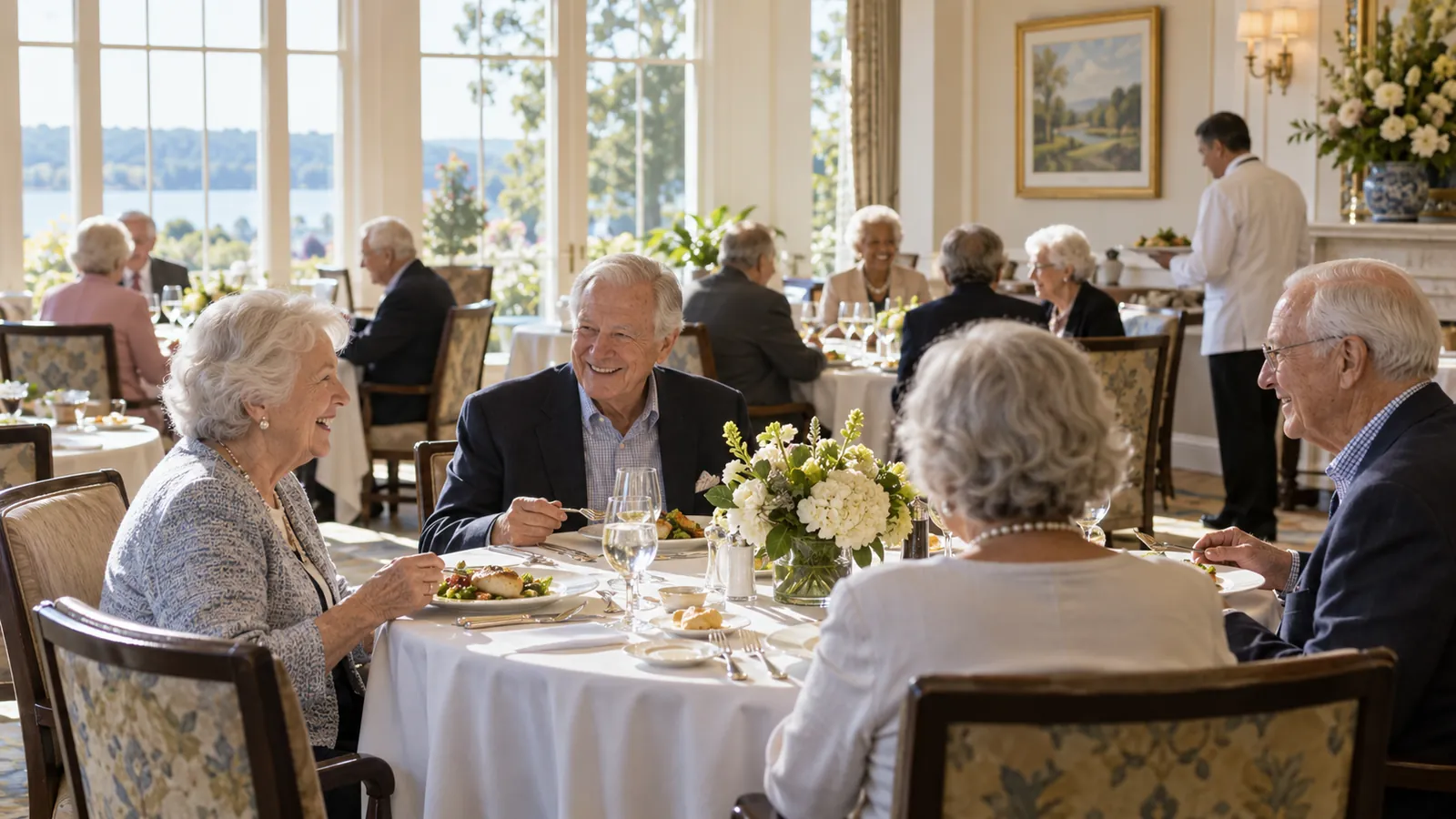 Older adults enjoying a chef-prepared meal together in a community dining room
