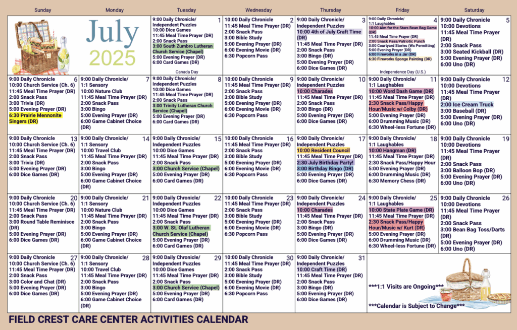 July Activities Calendar