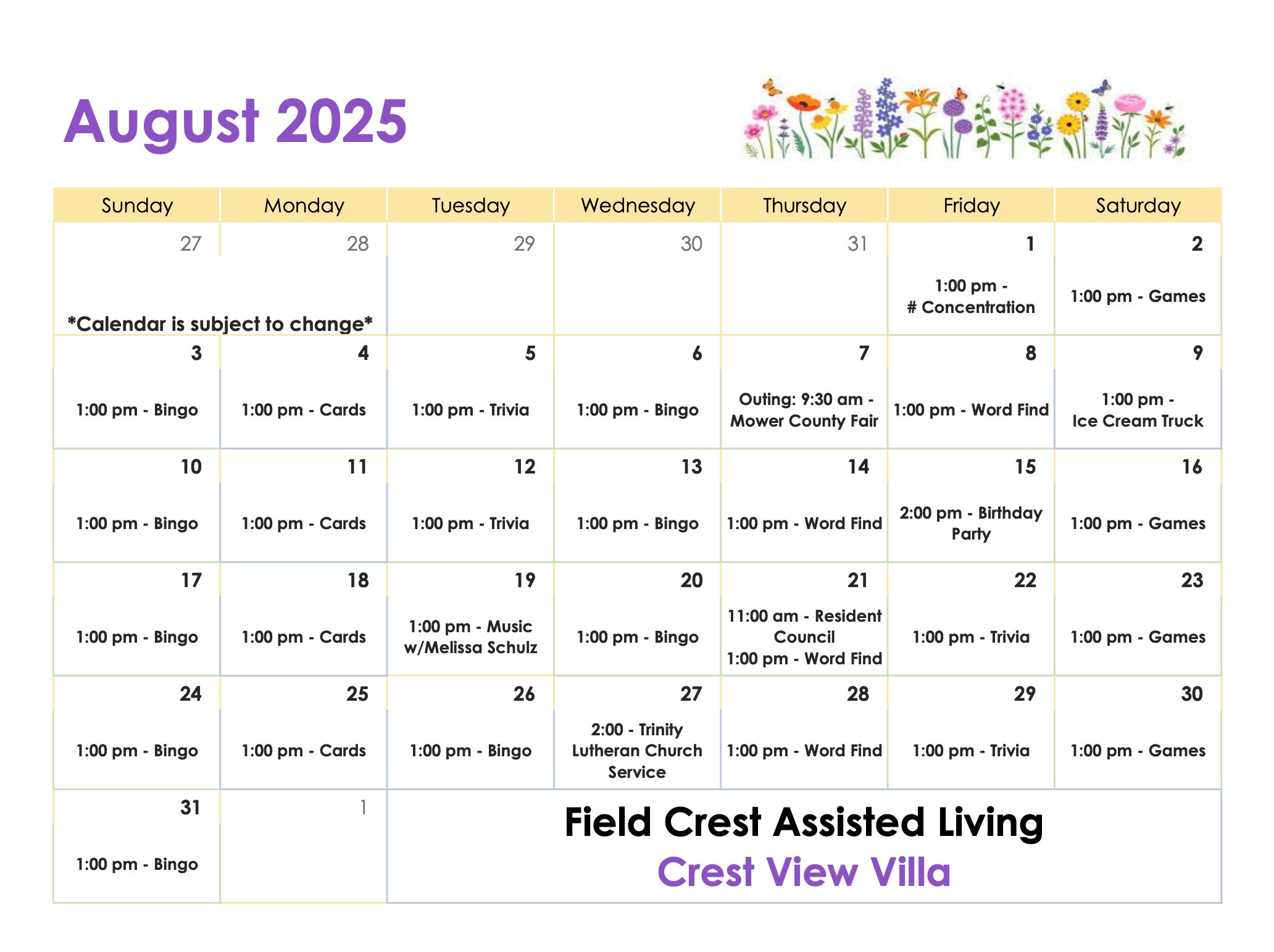 Assisted Living Crest View Villa August Calendar