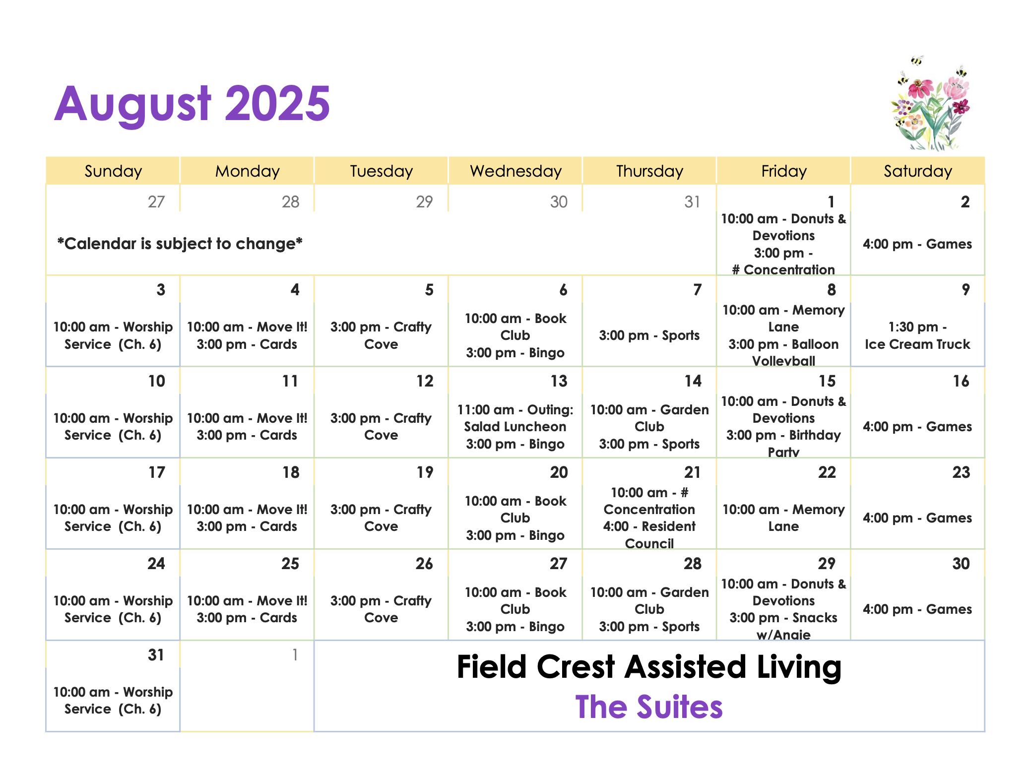 Assisted Living The Suites August Calendar