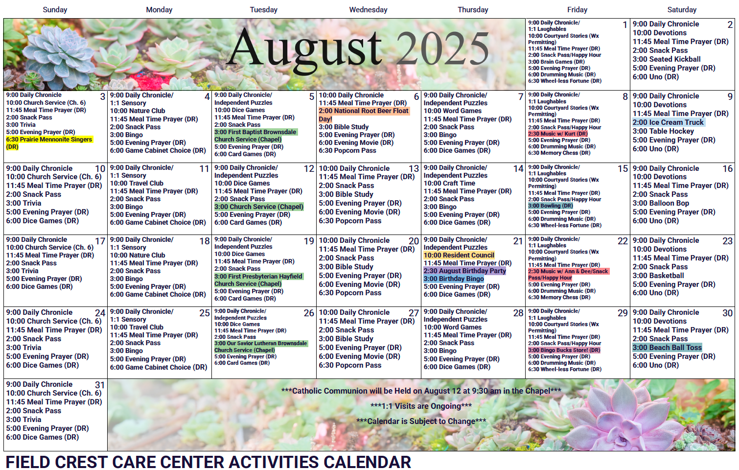 Field Crest August SNF activity calendar