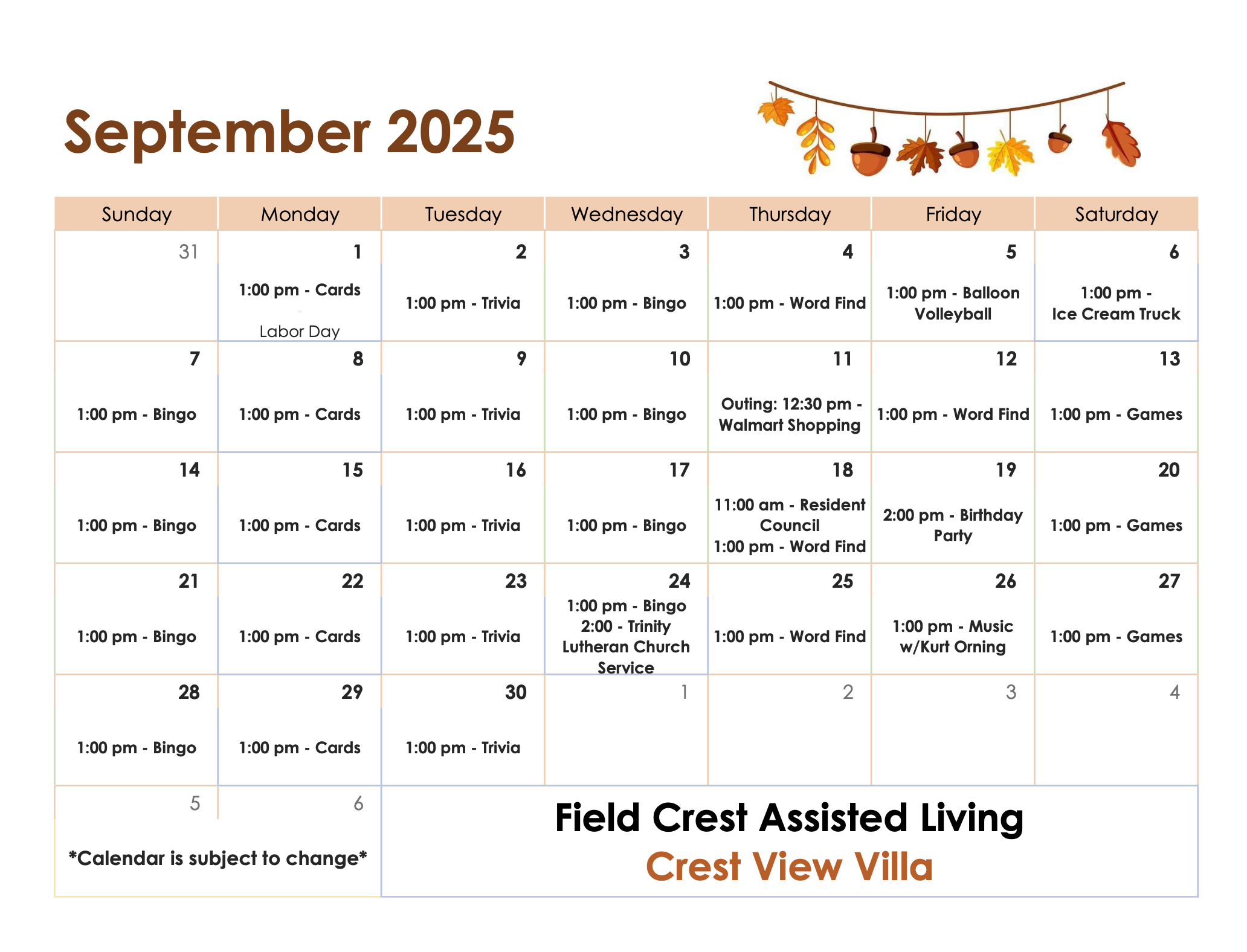 Crest View Villa September Calendar