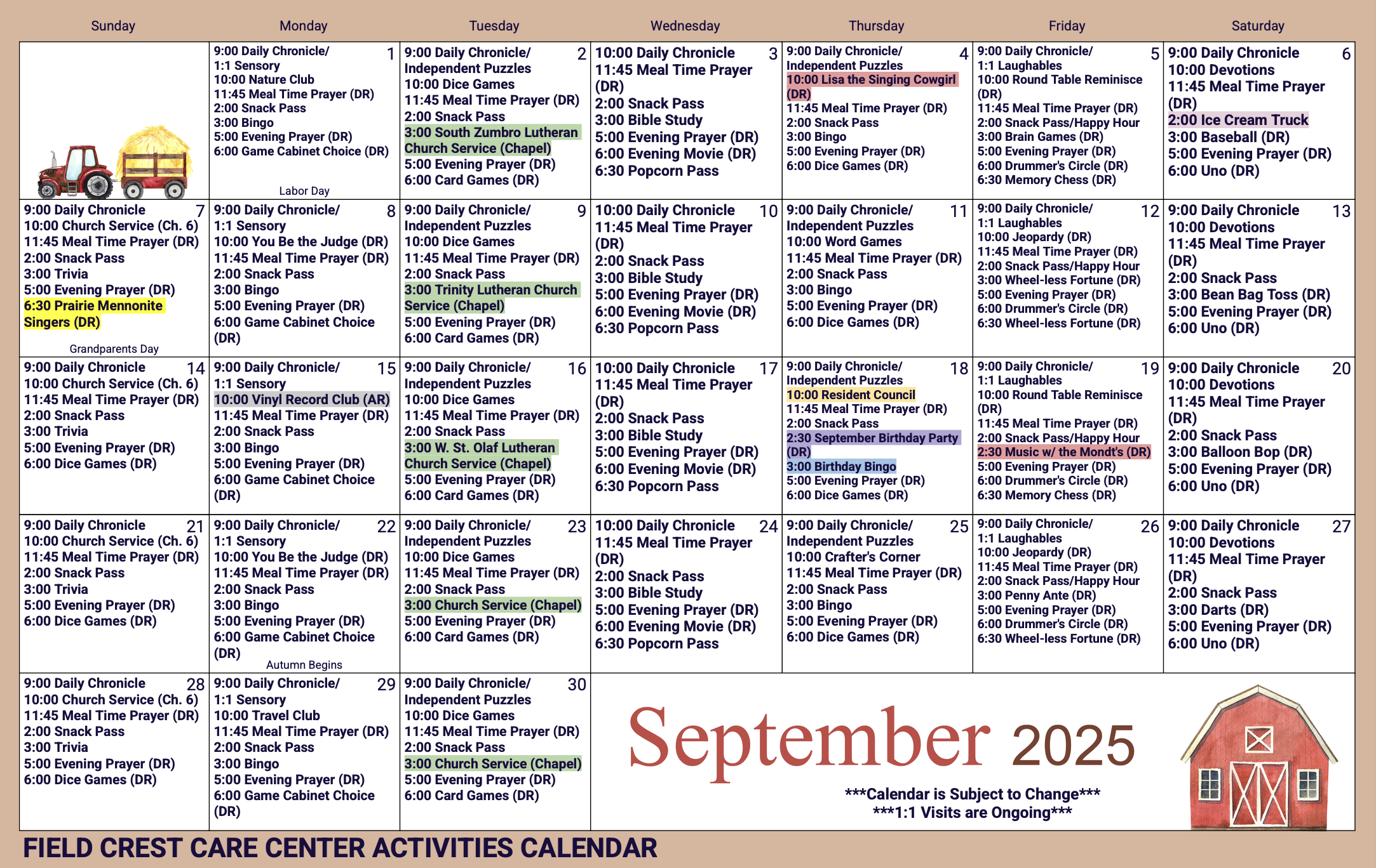 Field Crest Care Center September Activity Calendar