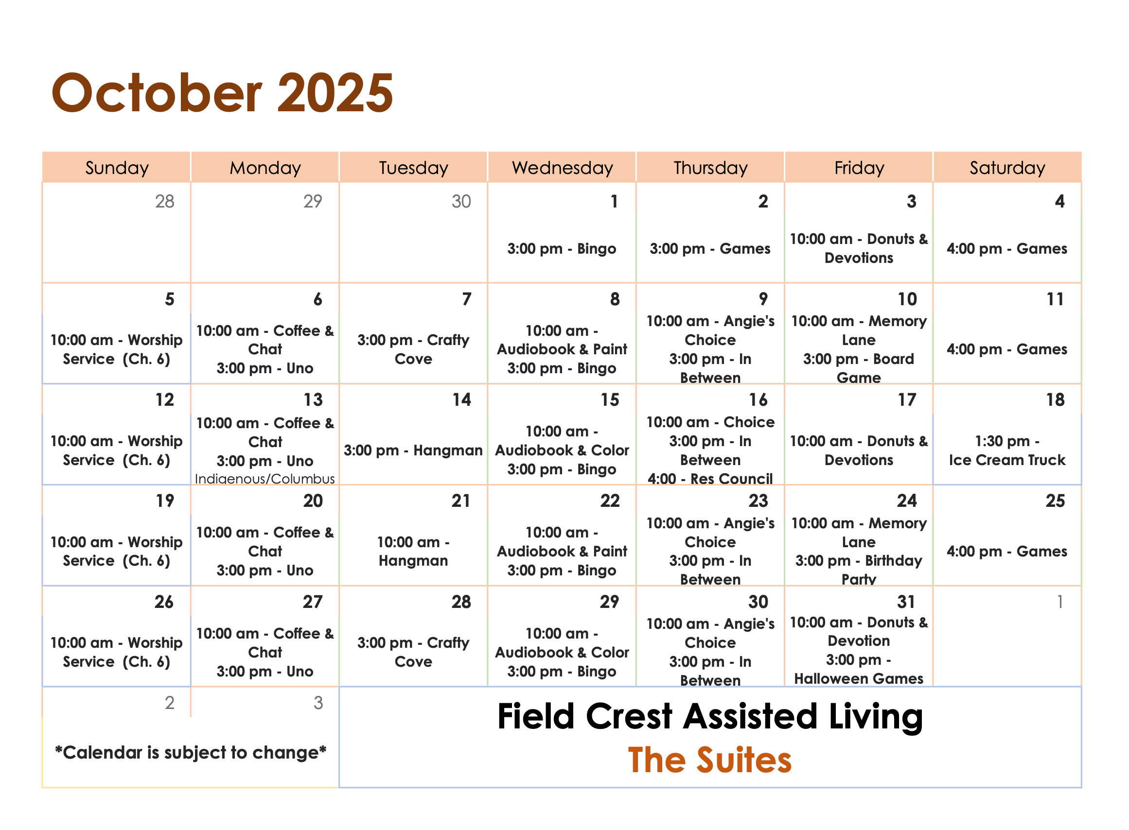 October Activity Calendar The Suites