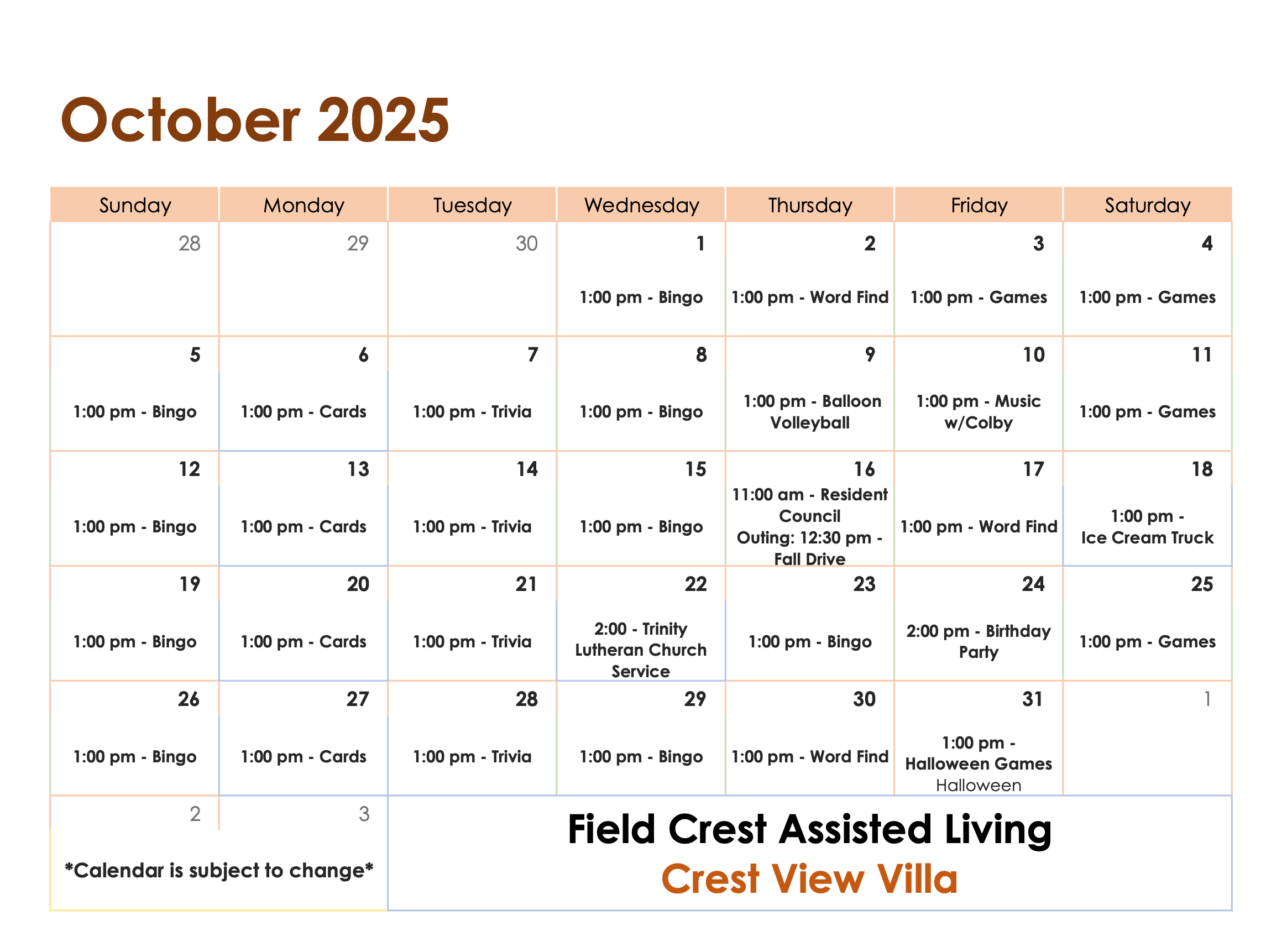 October Crest View Villa Activity Calendar