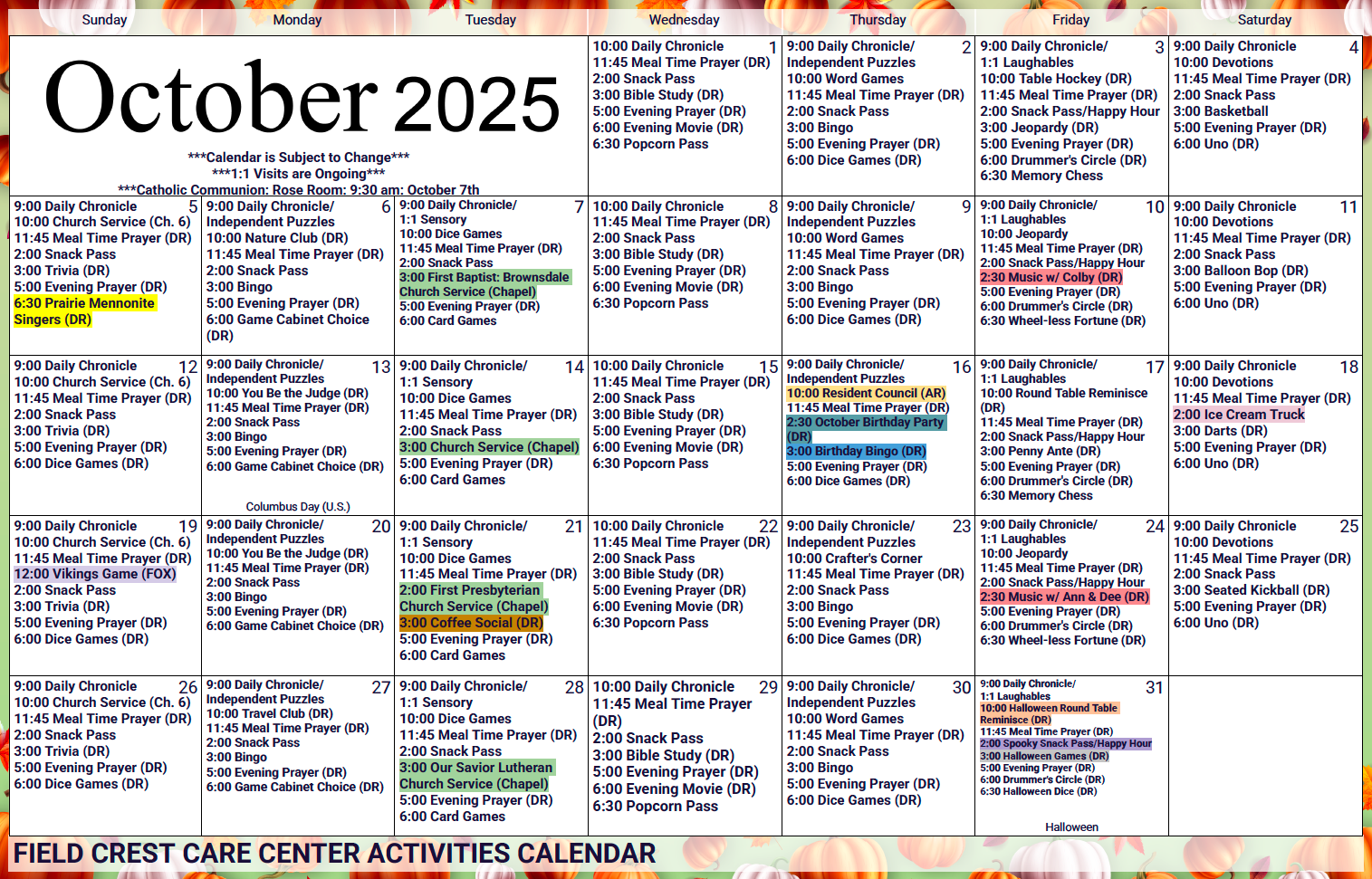Field Crest October SNF activity calendar