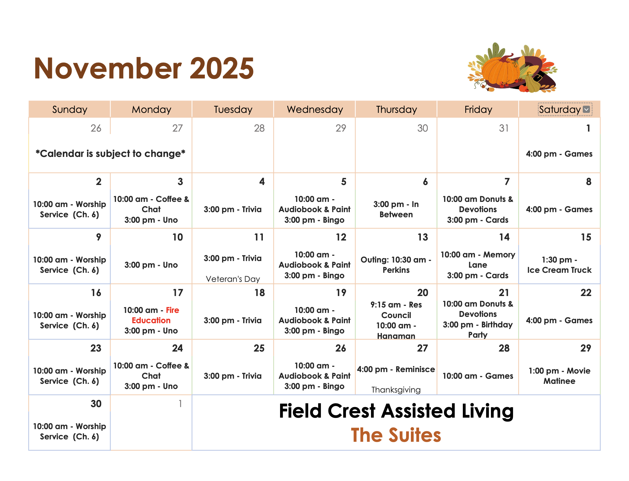 The Suites November Activity Calendar