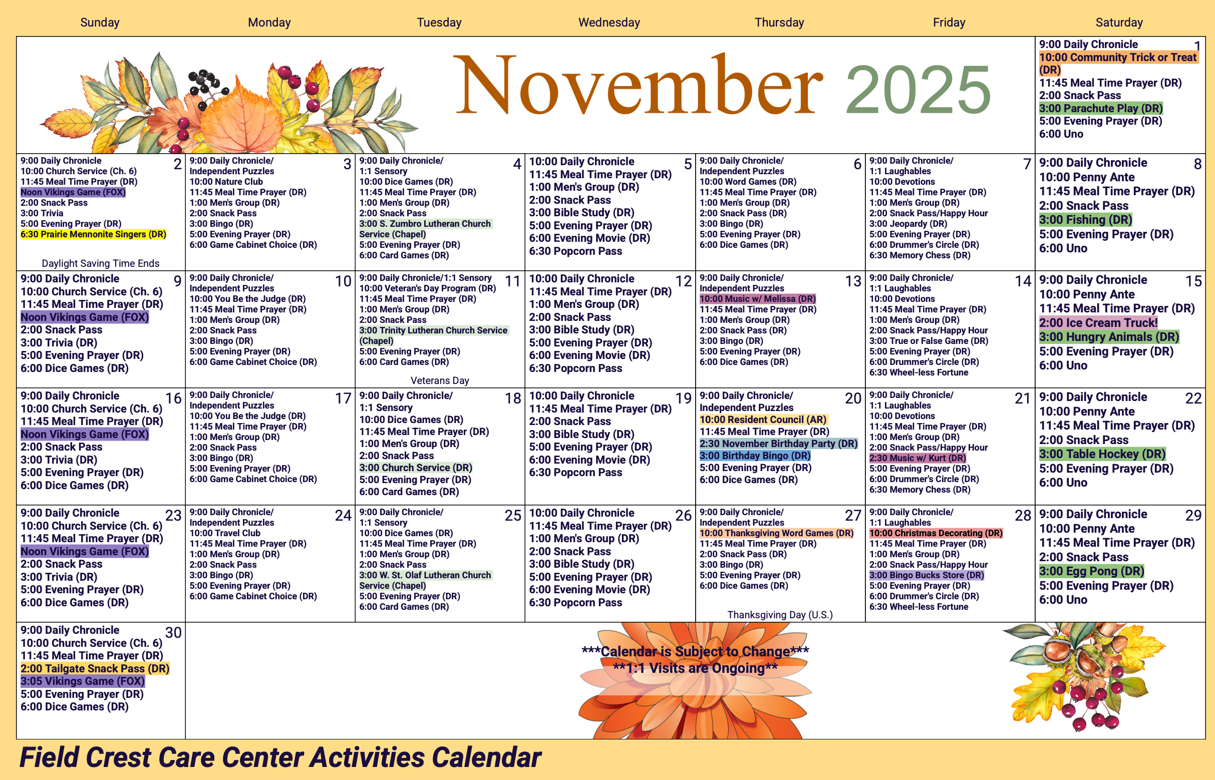 Field Crest Care Center November Activity Calendar
