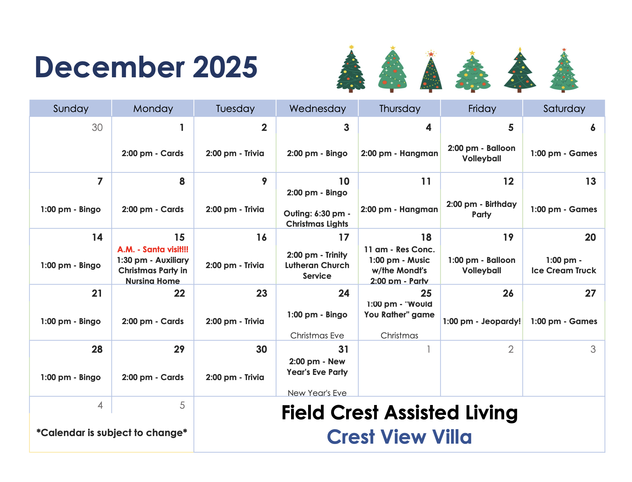 Field Crest Care Center December CVV activity calendar