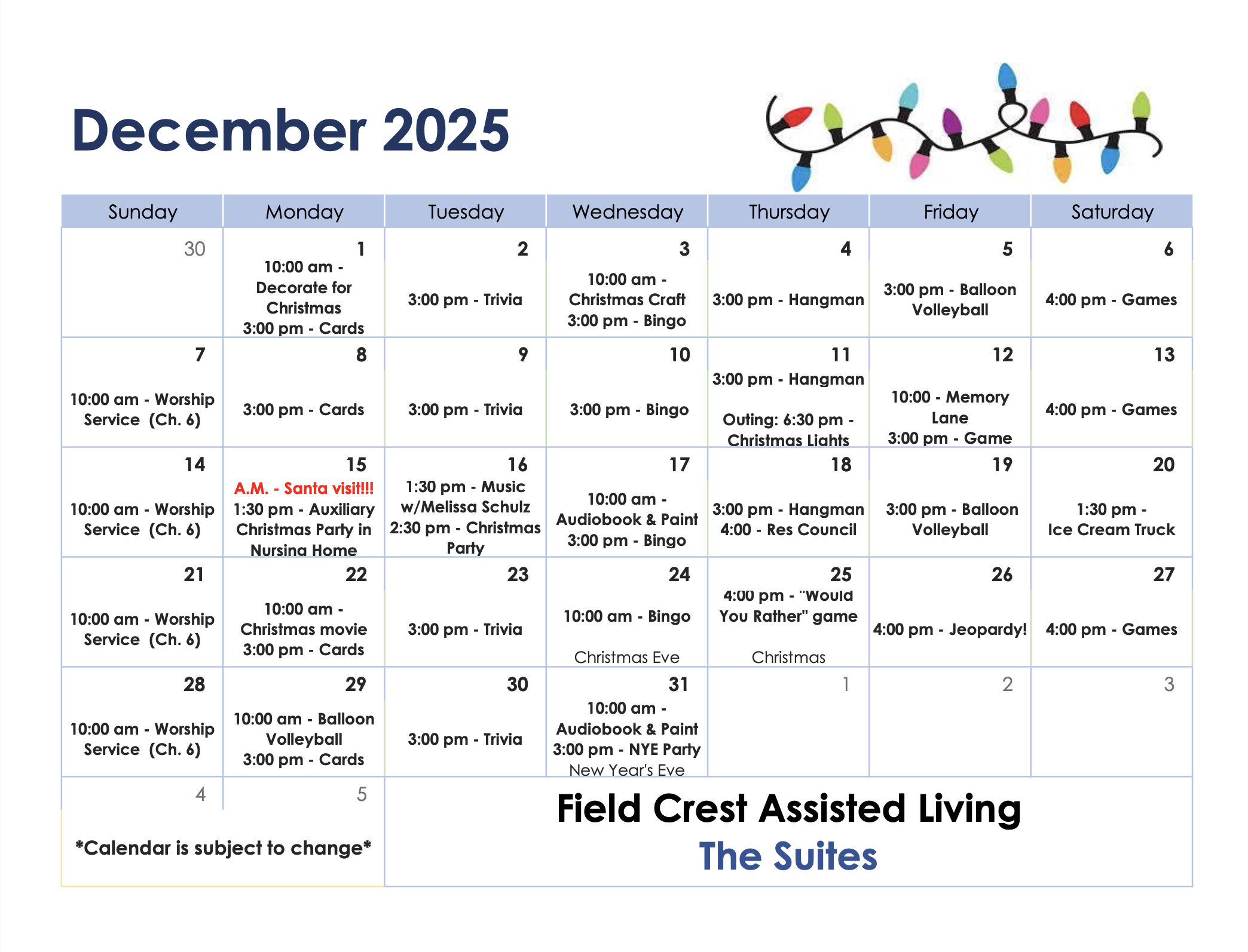 Field Crest Care Center December Suites activity calendar