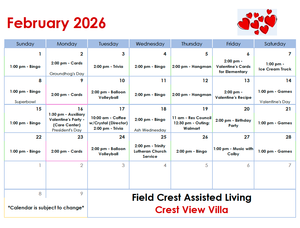 February CVV activity calendar
