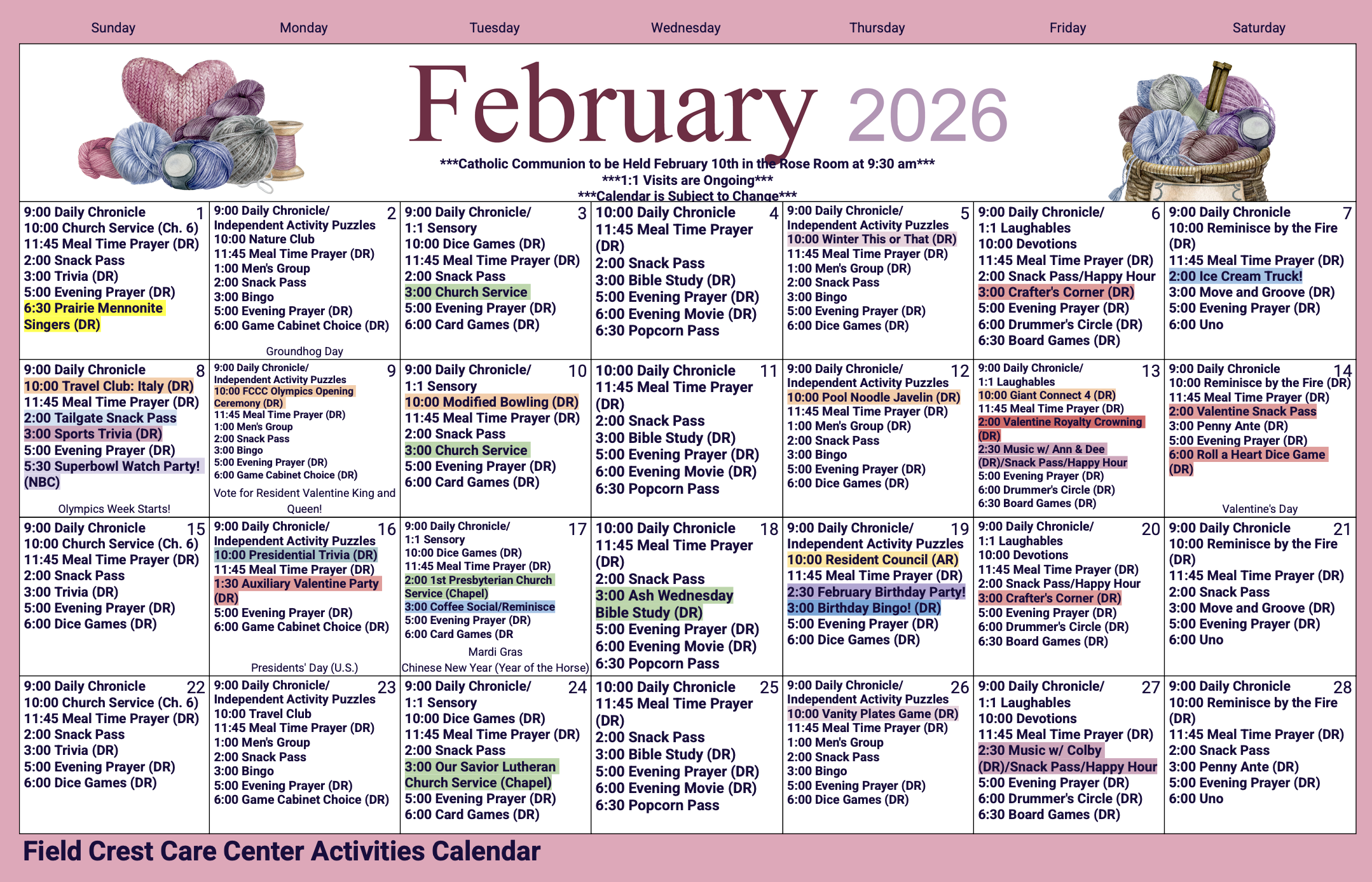 Field Crest Care Center February activity calendar