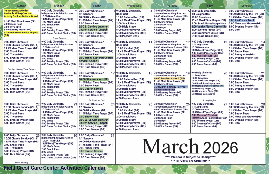 Field Crest Care Center SNF Calendar