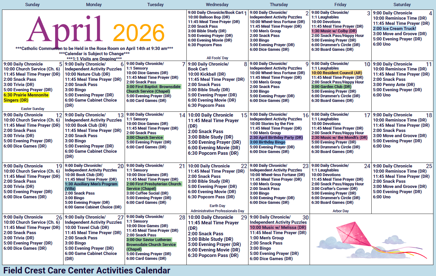 Field Crest Care Center April SNF activity calendar