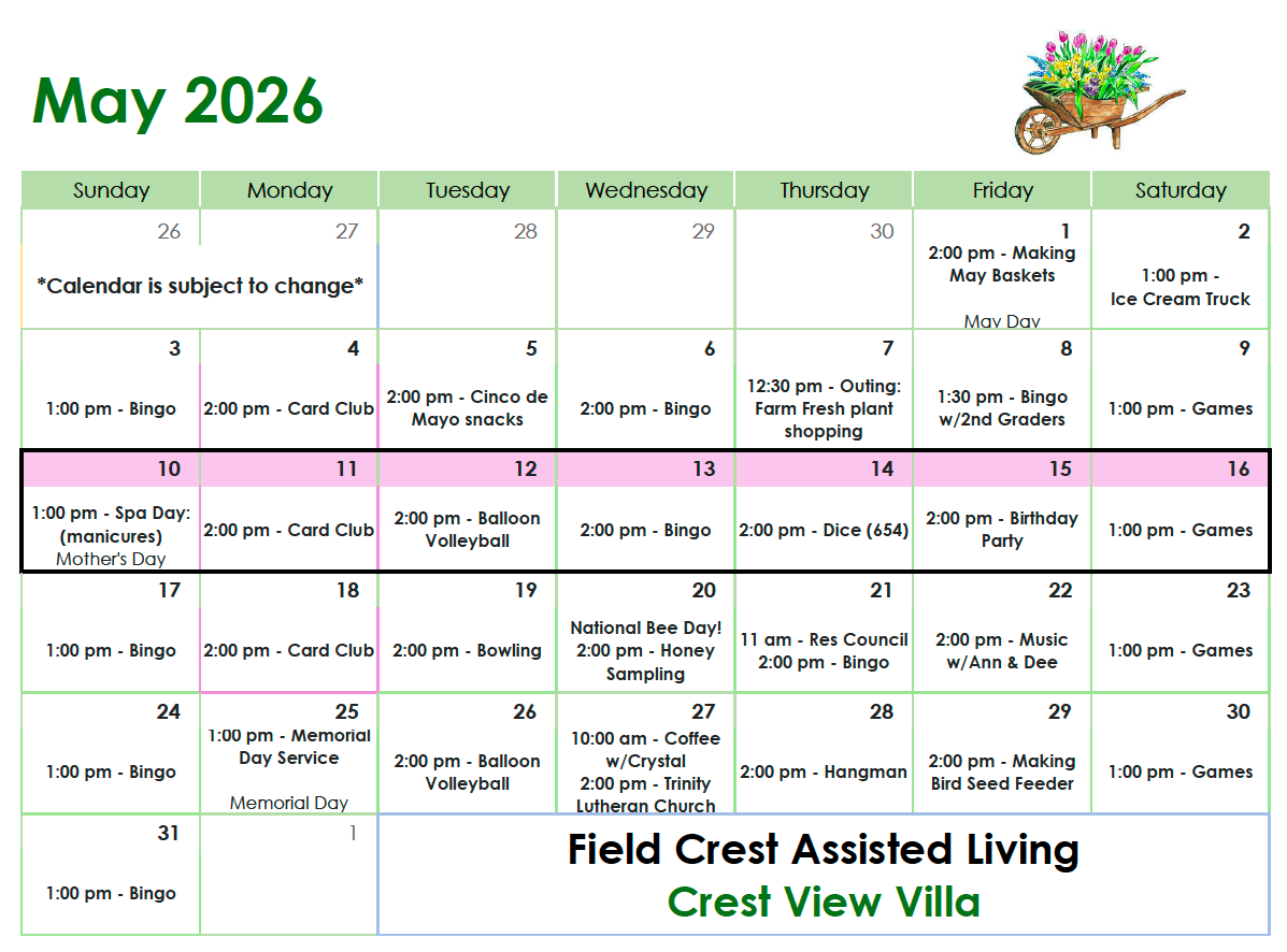 Crest View Villa May calendar