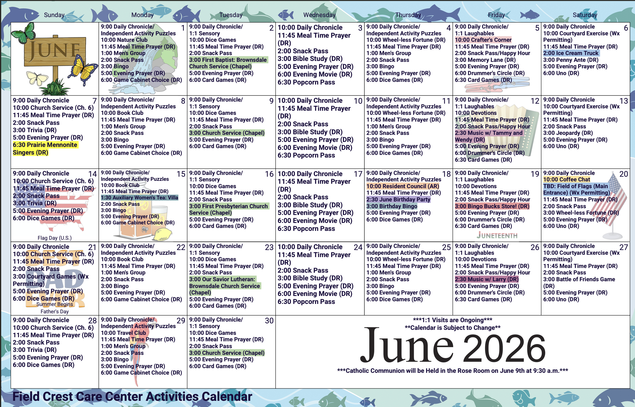 June 2026 Field Crest Care Center Activity Calendar