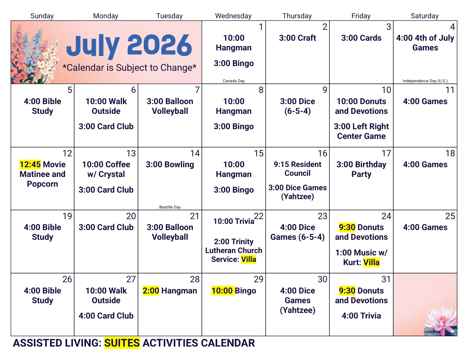 July 2026 Assisted Living: Suites Activities Calendar