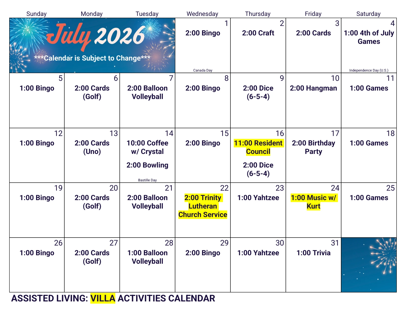 July 2026 Assisted Living: Villa Activities calendar